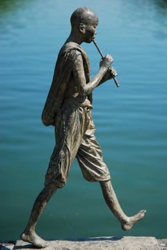 Flute Player by Marine de Soos - Large outdoor bronze sculpture, human figure