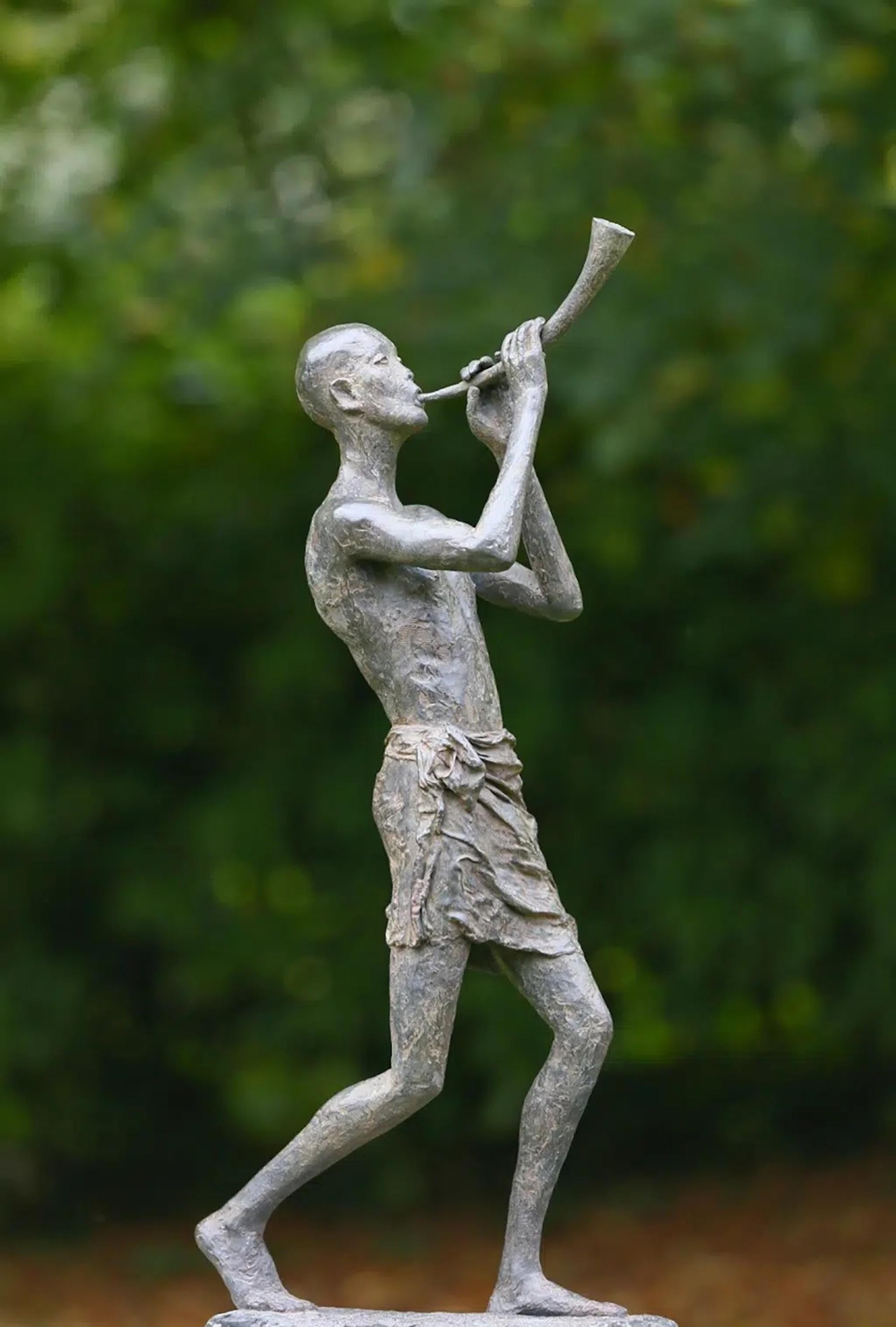 Promise at Dawn by M. de Soos - Figurative bronze sculpture, man, music