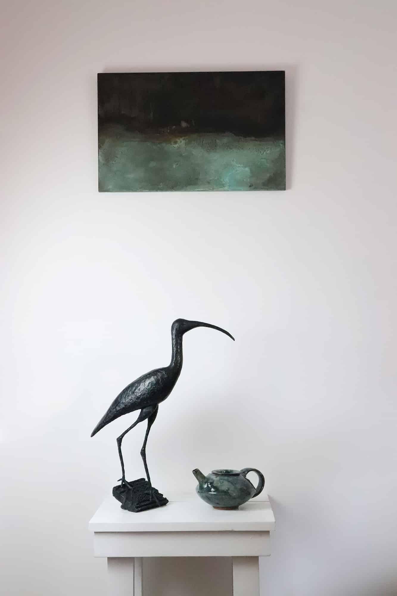 Sacred Ibis is a bronze sculpture by French contemporary artist Marine de Soos, dimensions are 56 × 44 × 20 cm (22 × 17.3 × 7.9 in). 
The sculpture is signed and numbered, it is part of a limited edition of 8 editions + 4 artist’s proofs, and comes