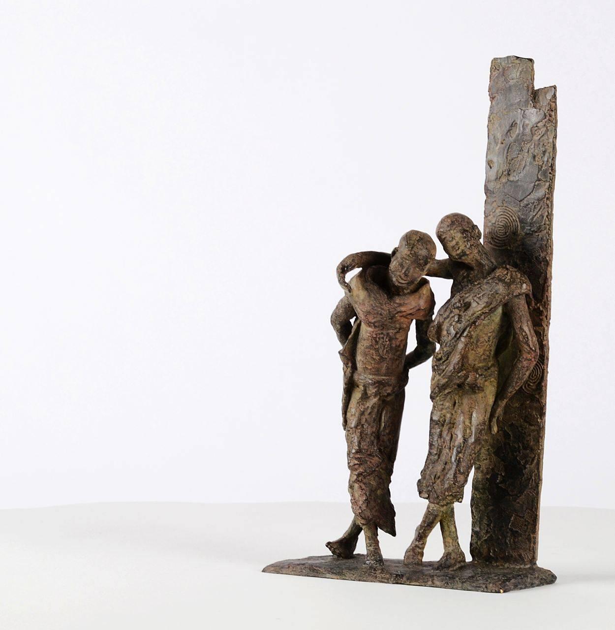 Marine de Soos Figurative Sculpture - The Banks of the Irrawaddy River by M. de Soos - bronze sculpture, friendship