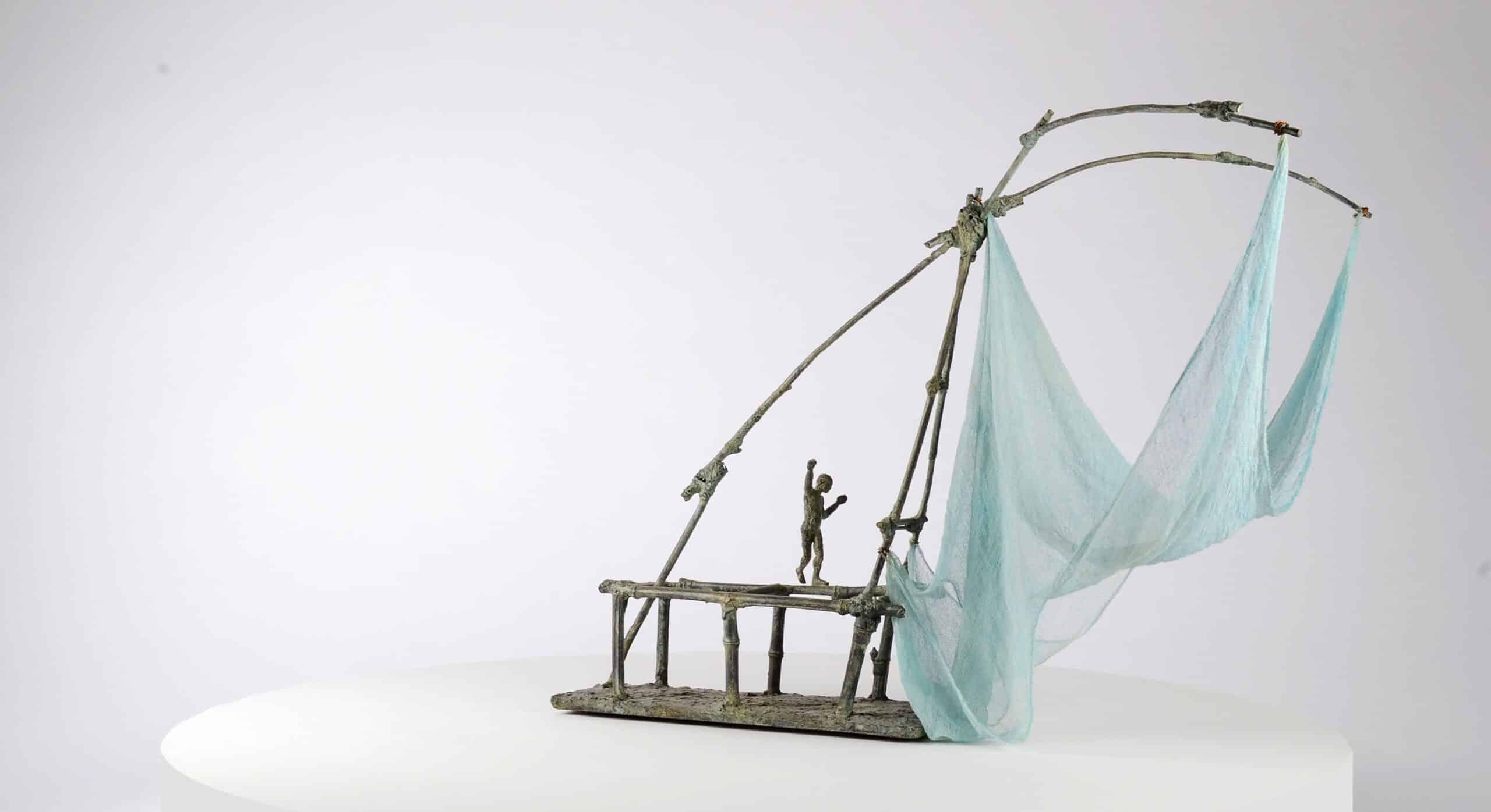 The Fisherman’s Hammock is a bronze sculpture by French contemporary artist Marine de Soos, dimensions are 53 × 61 × 58 cm (20.9 × 24 × 22.8 in). 
The sculpture is signed and numbered, it is part of a limited edition of 8 editions + 4 artist’s