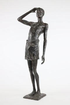 The Waiting Time by Marine de Soos - Bronze nude sculpture, balance, man, dark