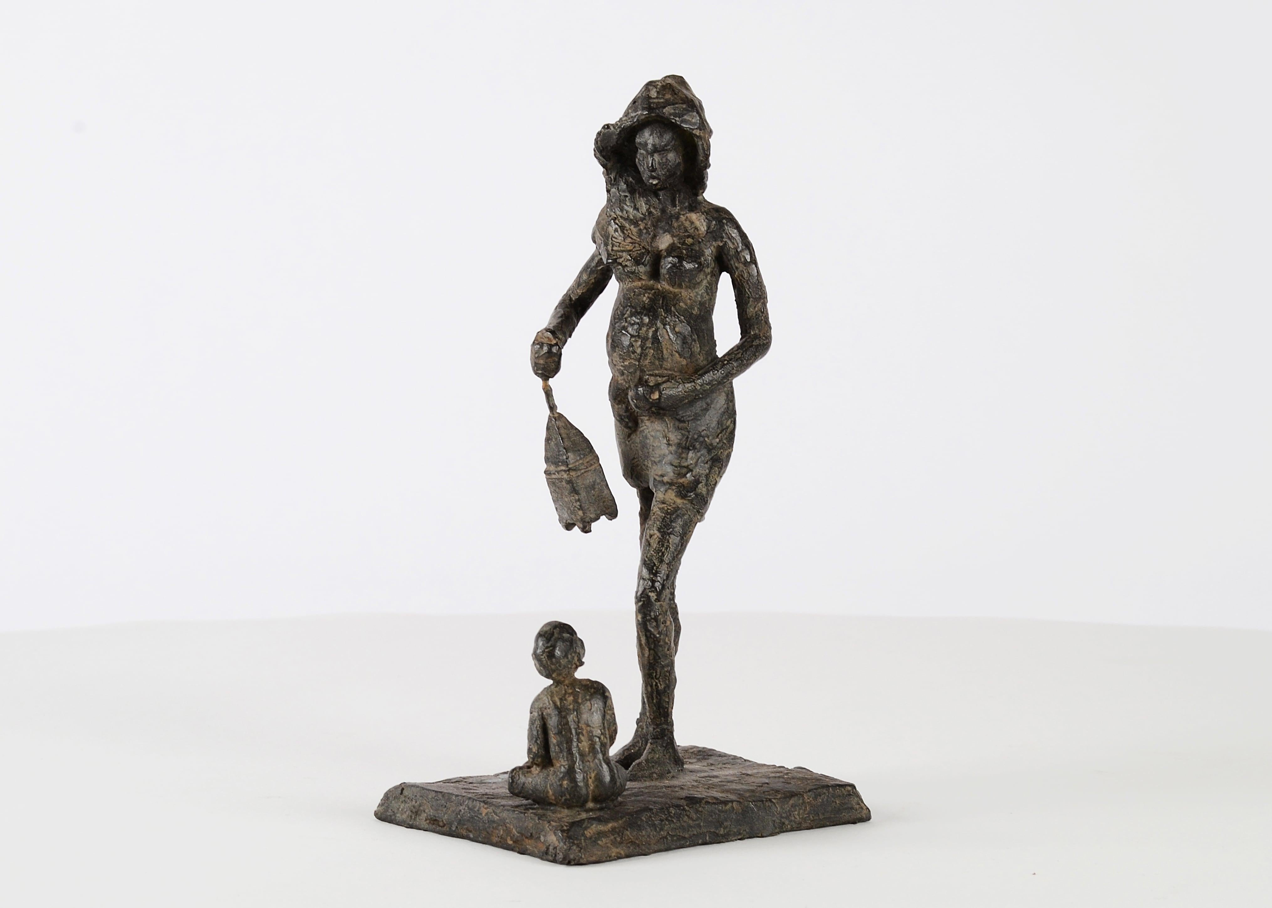 Woman with a Lantern by Marine de Soos - Mother and child bronze sculpture For Sale 1