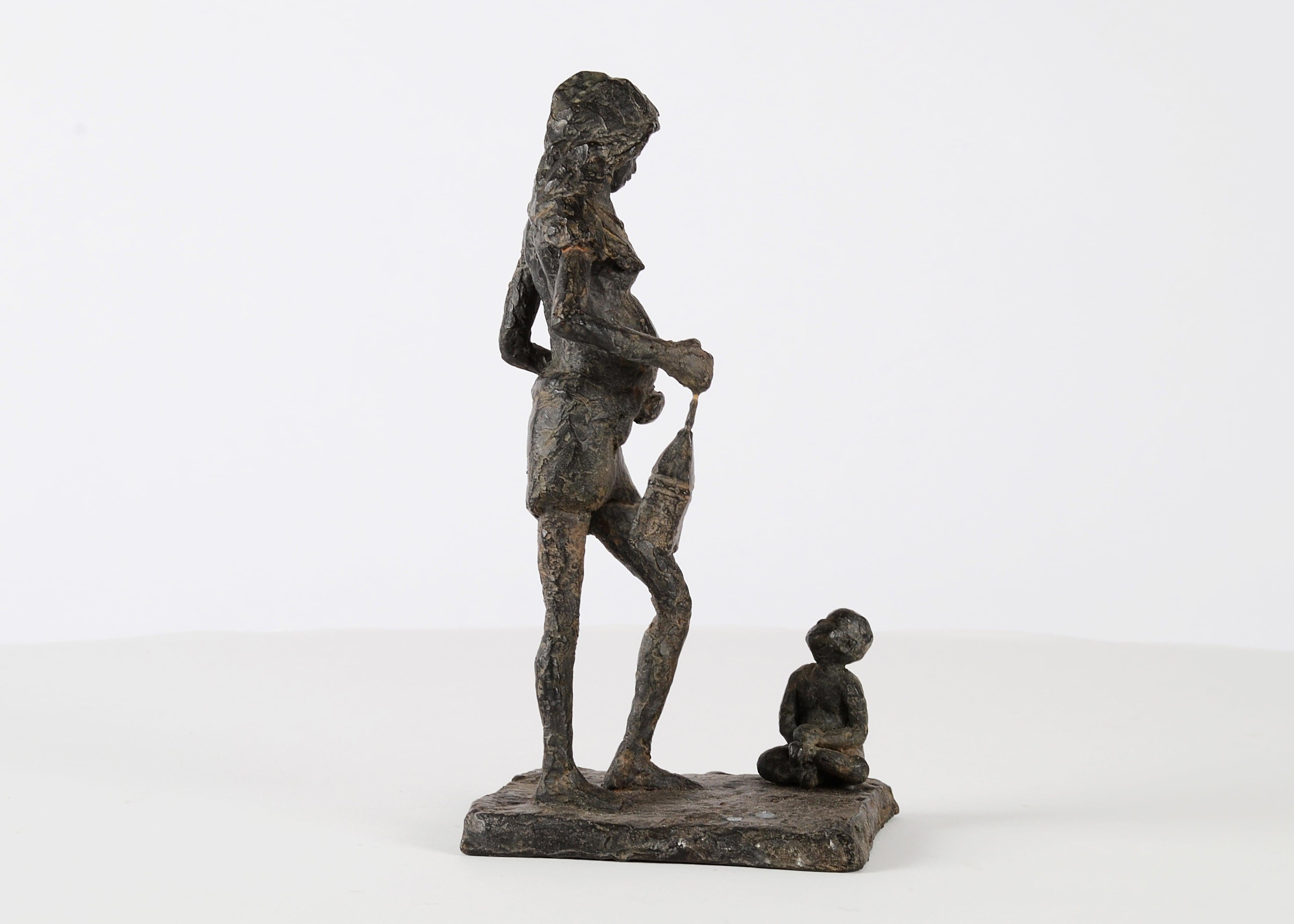 Woman with a Lantern by Marine de Soos - Mother and child bronze sculpture For Sale 3