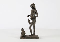 Vintage Woman with a Lantern by Marine de Soos - Mother and child bronze sculpture