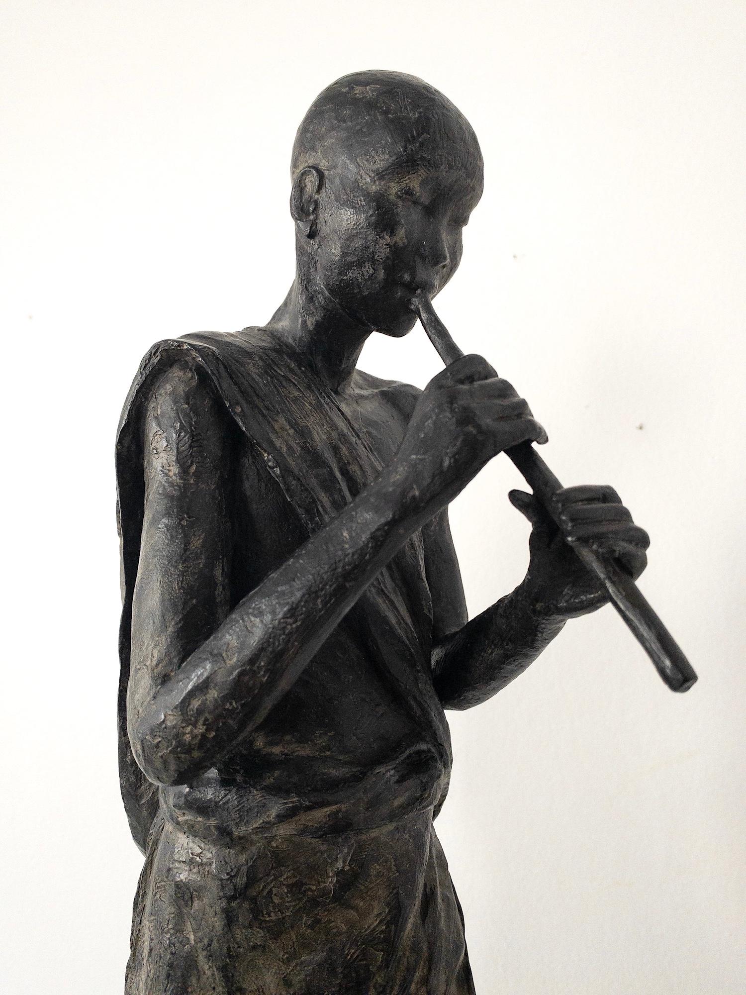 Young Flute Player by Marine de Soos - Bronze sculpture, figurative, human, boy For Sale 17