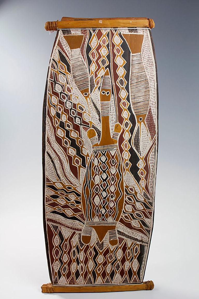 This fine painting by an unknown Aboriginal artist, titled 'Marine Life with River Tortoise' consists of natural pigments on mounted bark. The painting was originally purchased in the early 1970's via the Aboriginal and Pacific Art Gallery in