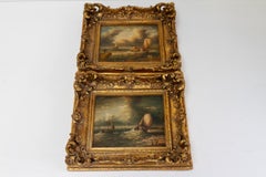 Marine Oil Paintings of Sail Boats in Gilded Frame, 20th Century. Set of 2.