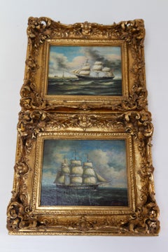 Marine Oil Paintings of Sail Ships in Gilded Frame, 20th Century. Set of 2.