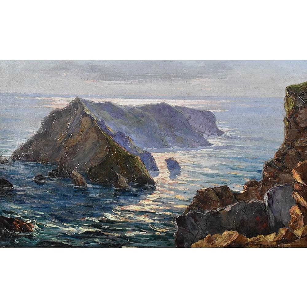 Art déco Peinture marine, peinture de la côte atlantique, peinture de paysage marin, début du XXe siècle en vente