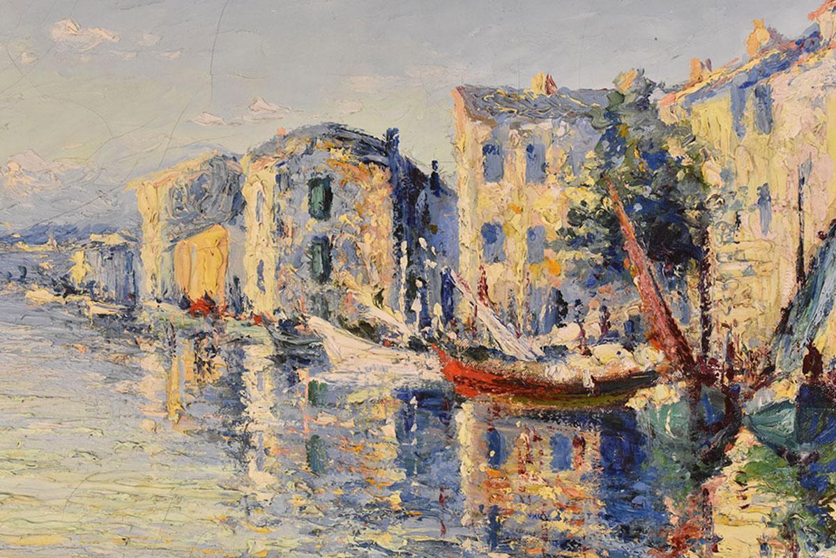 This is a marine oil painting, which represents a port city,  the Martigues. 
This oil painting on canvas has an original wood frame realised in the 1900s. Art Deco.

This seascape oil painting is signed Italo Giordani (XIX-XX) italian painter.