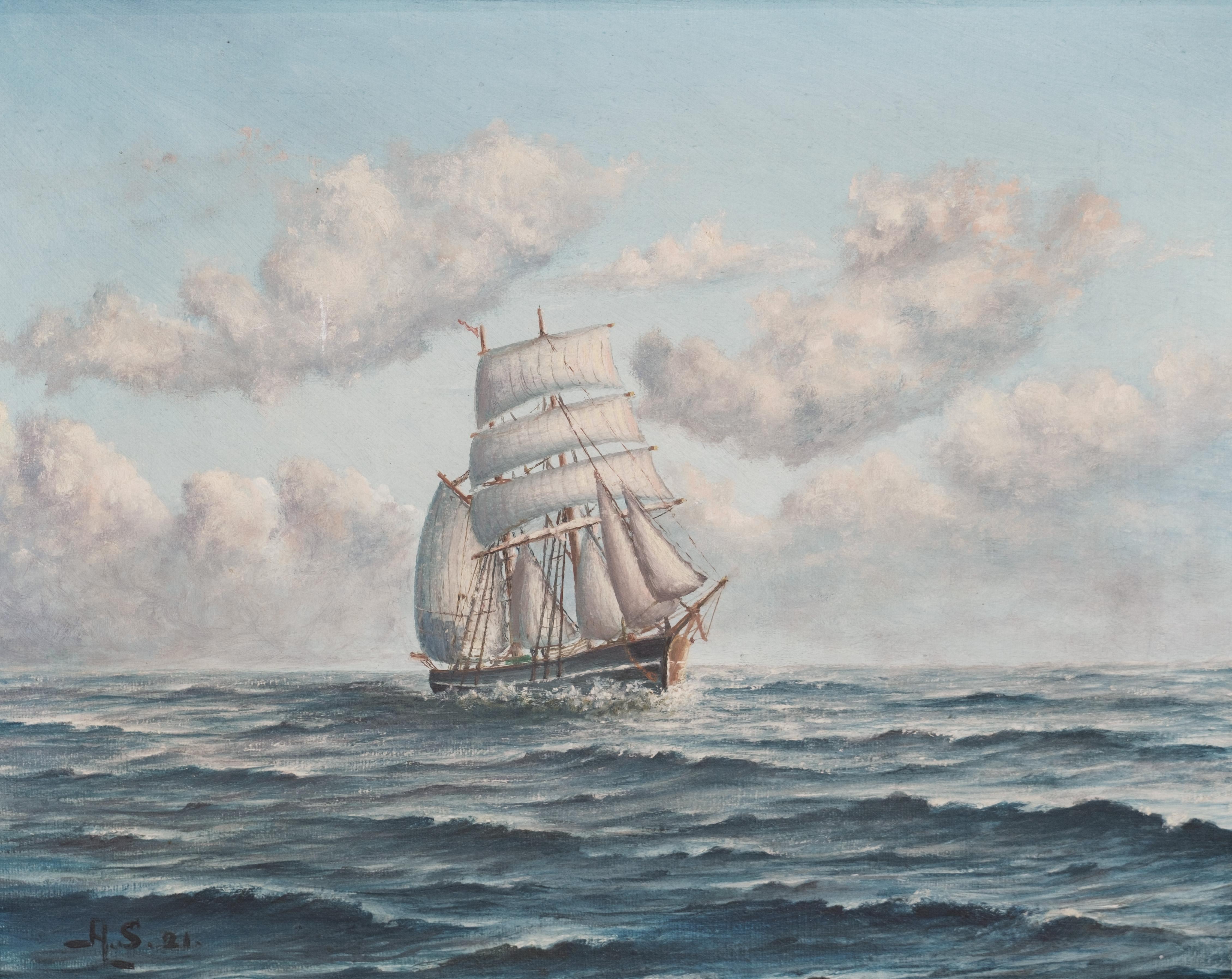 Marine painting of sea, ship and clouds with gold frame signed H.S 21 from the 1920s.
Measurement: Height: 56 cm width: 66 cm depth: 6 cm
Great condition.