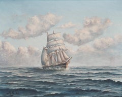 Marine Painting of Sea, Ship and Clouds with Gold Frame Signed H.S 21 '1921'