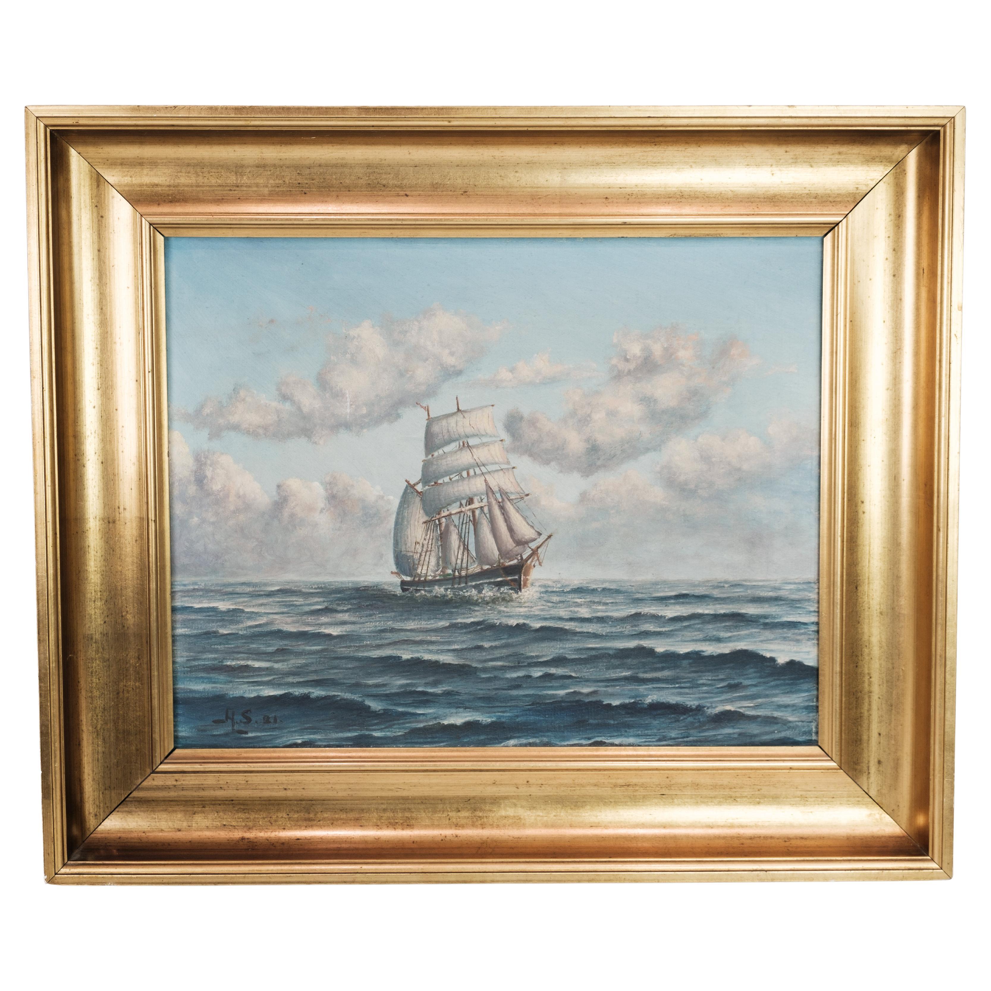Marine Painting of Sea, Ship and Clouds with Gold Frame Signed H.S 21 '1921'