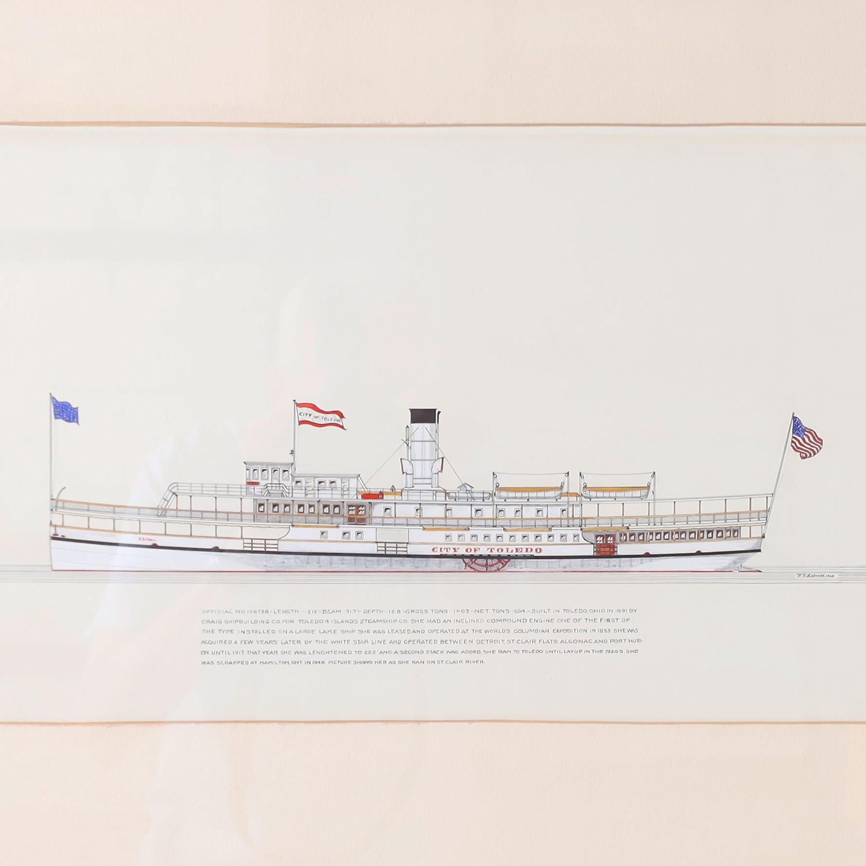 Peinture à l'encre et à la gouache sur papier d'un bateau à vapeur des Grands Lacs du XIXe siècle, exécutée dans un style précis de dessinateur et signée par le célèbre artiste américain Frank Crevier, encadrée et présentée sous verre. Comme le