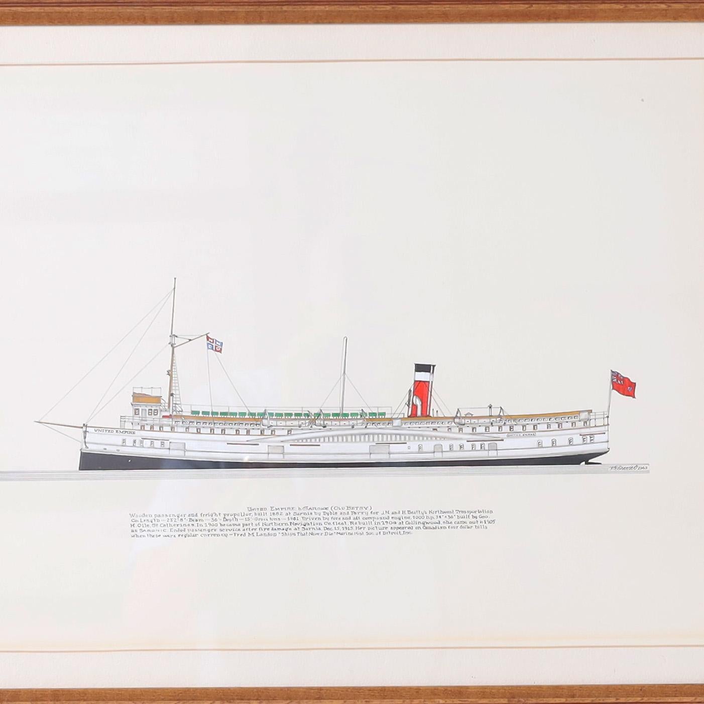 Tusche- und Gouache-Gemälde auf Papier eines Dampfschiffs der Großen Seen aus dem 19. Jahrhundert, das von dem bekannten amerikanischen Künstler Frank Crevier signiert, gerahmt und unter Glas präsentiert wird, in präzisem zeichnerischen Stil. Wie