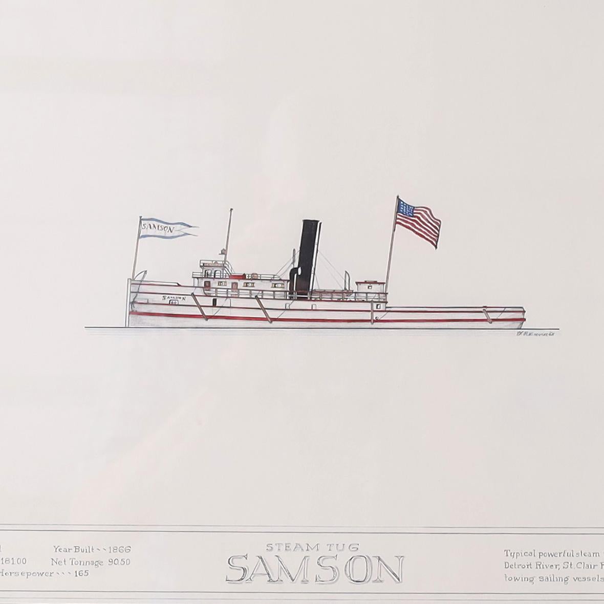 Peinture à l'encre et à la gouache sur papier d'un bateau à vapeur des Grands Lacs du XIXe siècle, exécutée dans un style précis de dessinateur et signée par le célèbre artiste américain Frank Crevier, encadrée et présentée sous verre. Comme le
