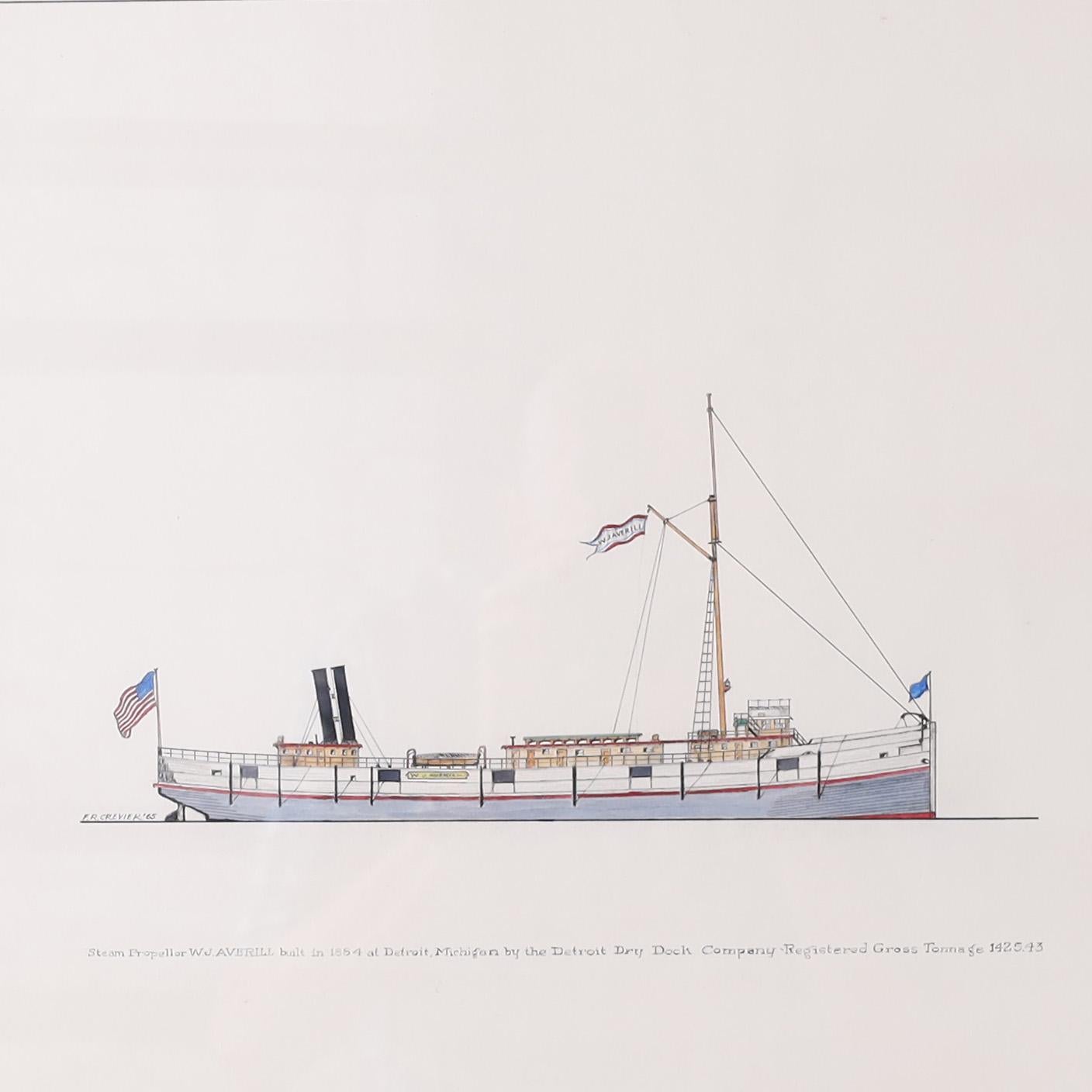 Dipinto a inchiostro e gouache su carta di un piroscafo dei Grandi Laghi del XIX secolo, eseguito in un preciso stile da disegnatore e firmato dal noto artista americano Frank Crevier, incorniciato e presentato sotto vetro. Come si vede nelle ultime
