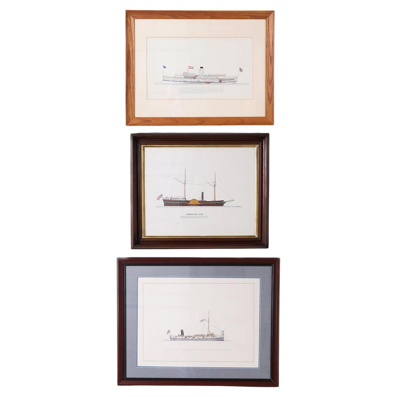 Américain Peinture marine sur papier d'un bateau à vapeur Great Lakes en vente