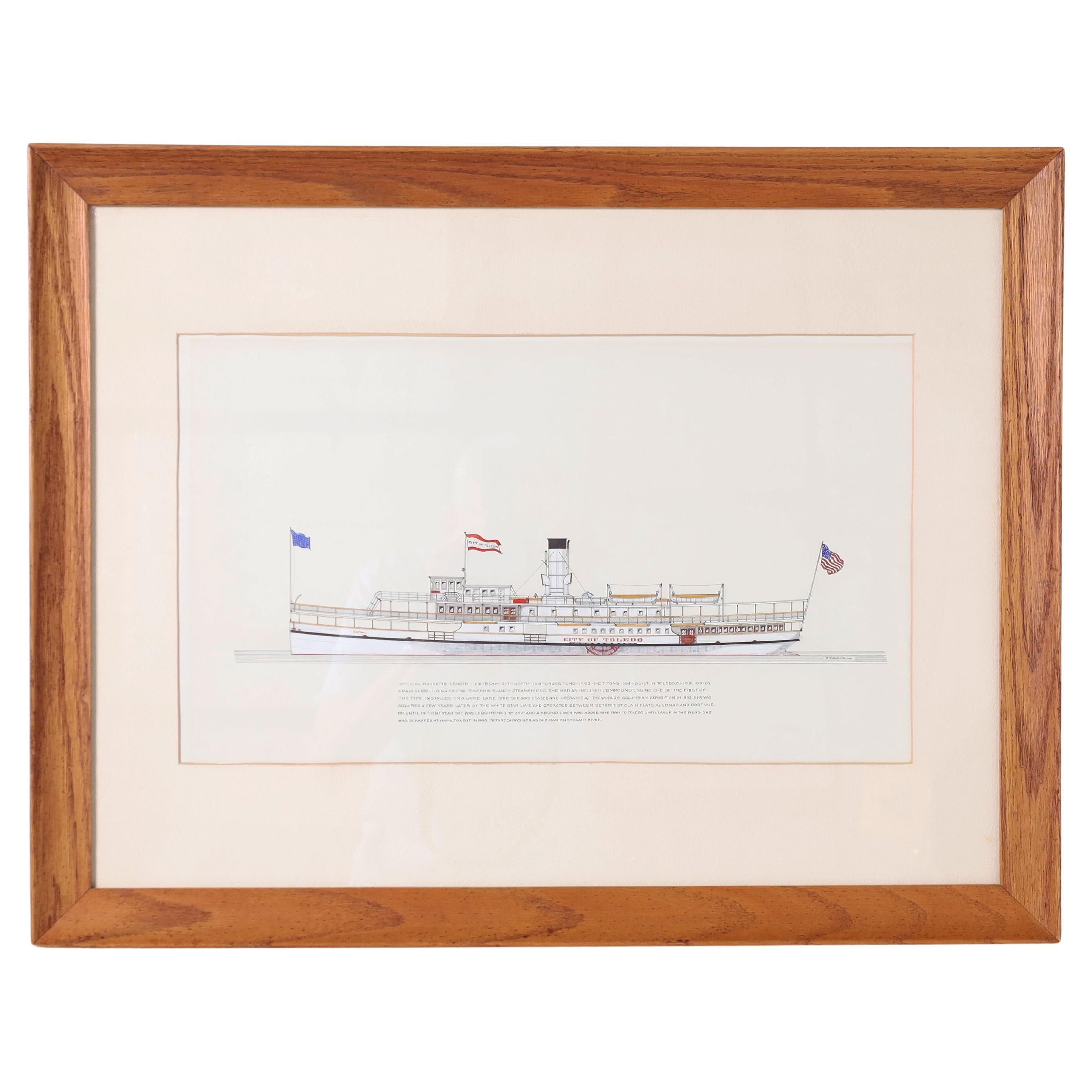 Peinture marine sur papier d'un bateau à vapeur Great Lakes en vente