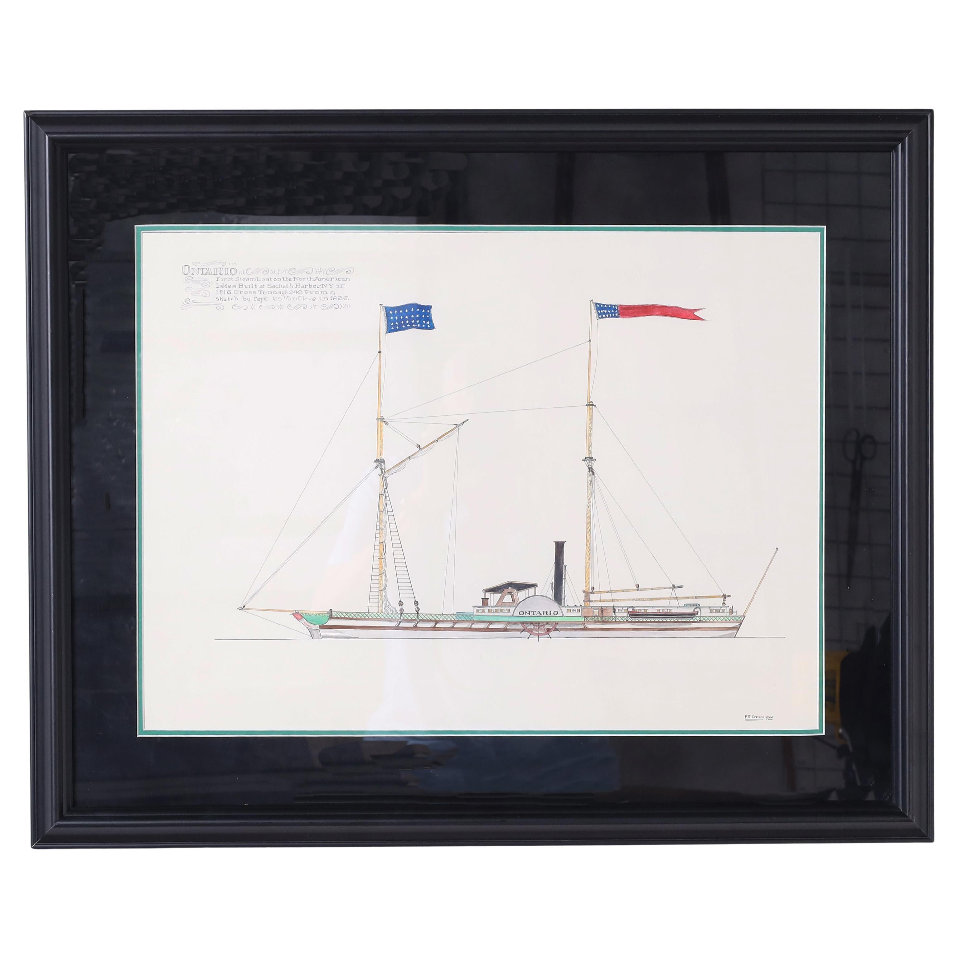 Marine Painting on Paper of a Great Lakes Steamship For Sale