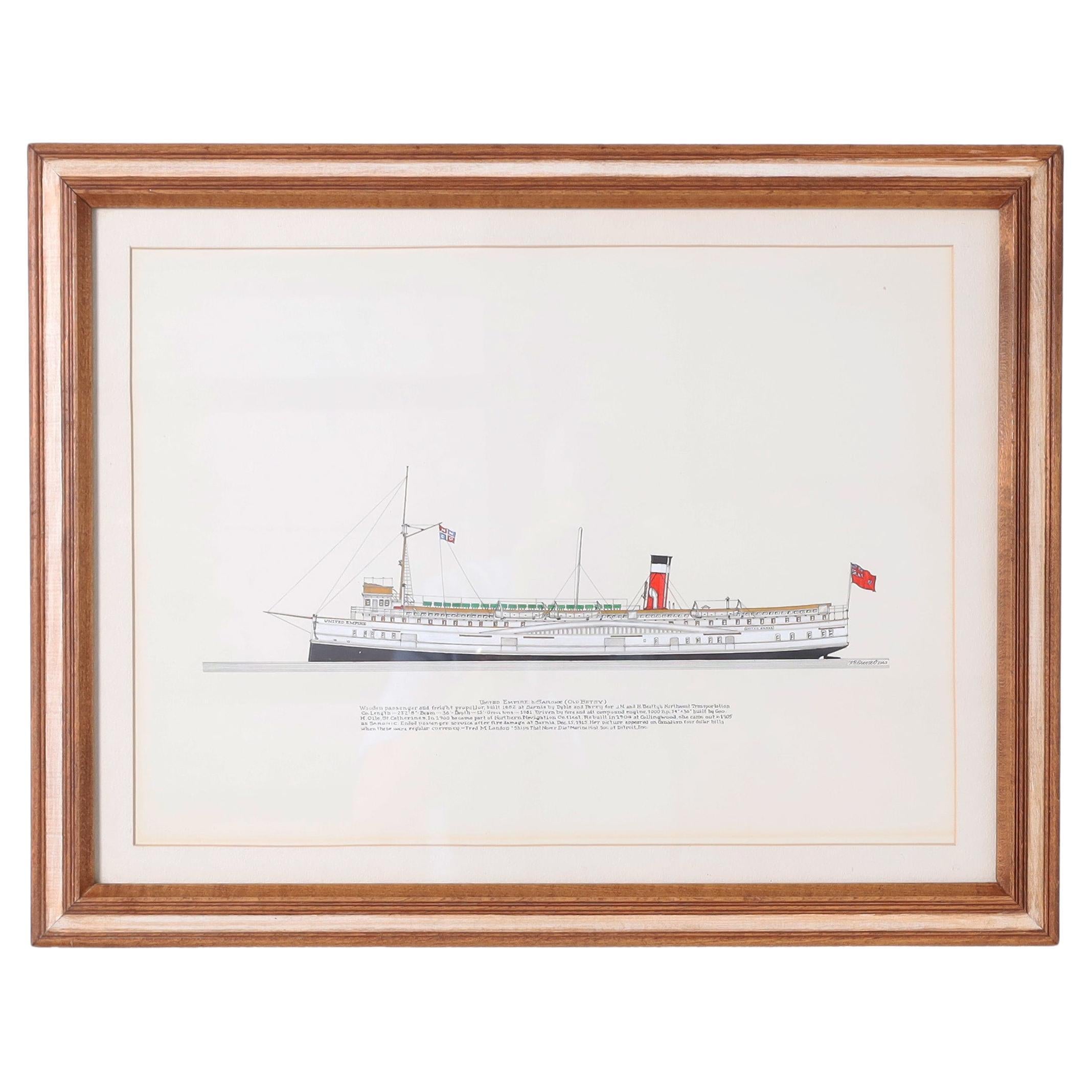 Peinture marine sur papier d'un bateau à vapeur Great Lakes