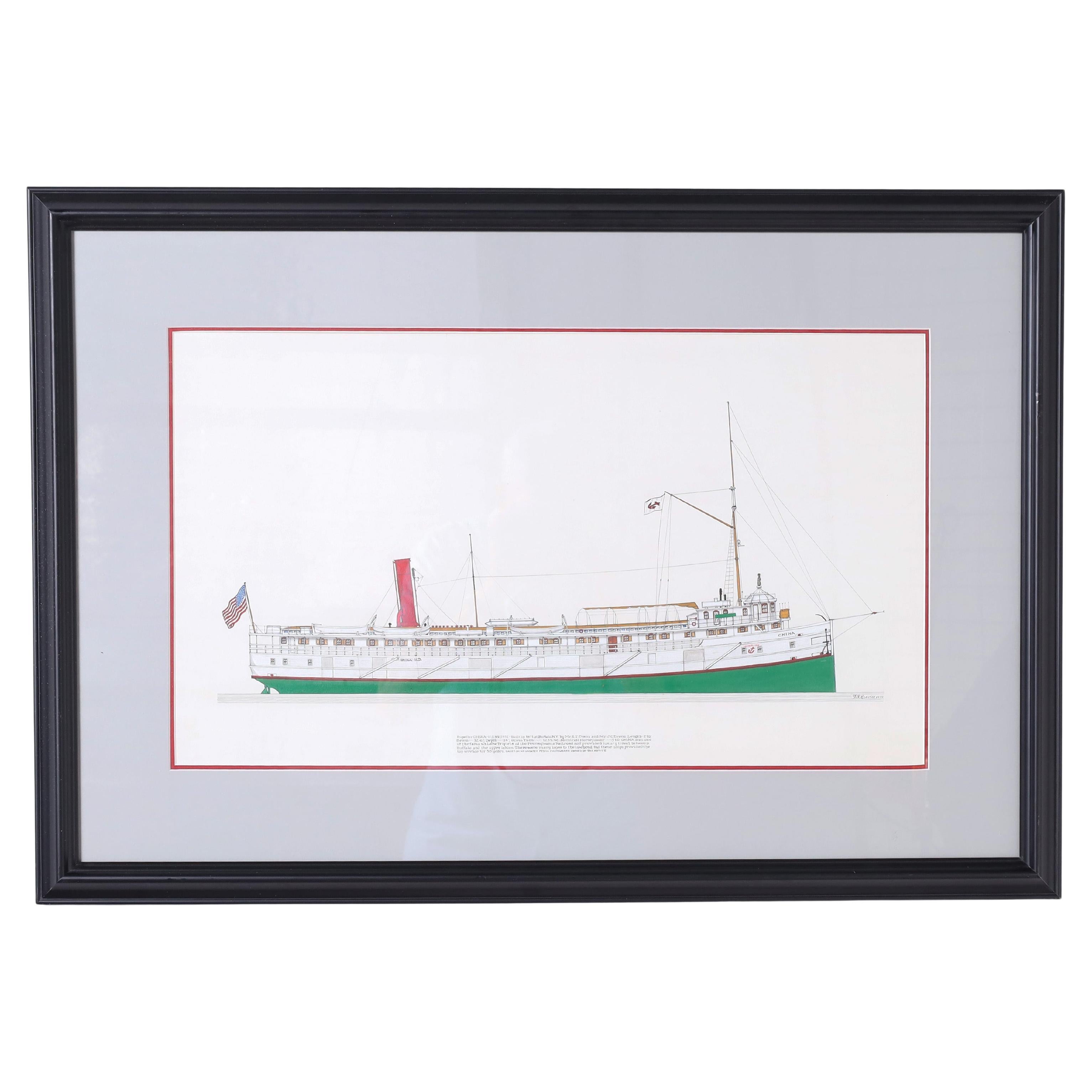 Marine Painting on Paper of a Great Lakes Steamship For Sale