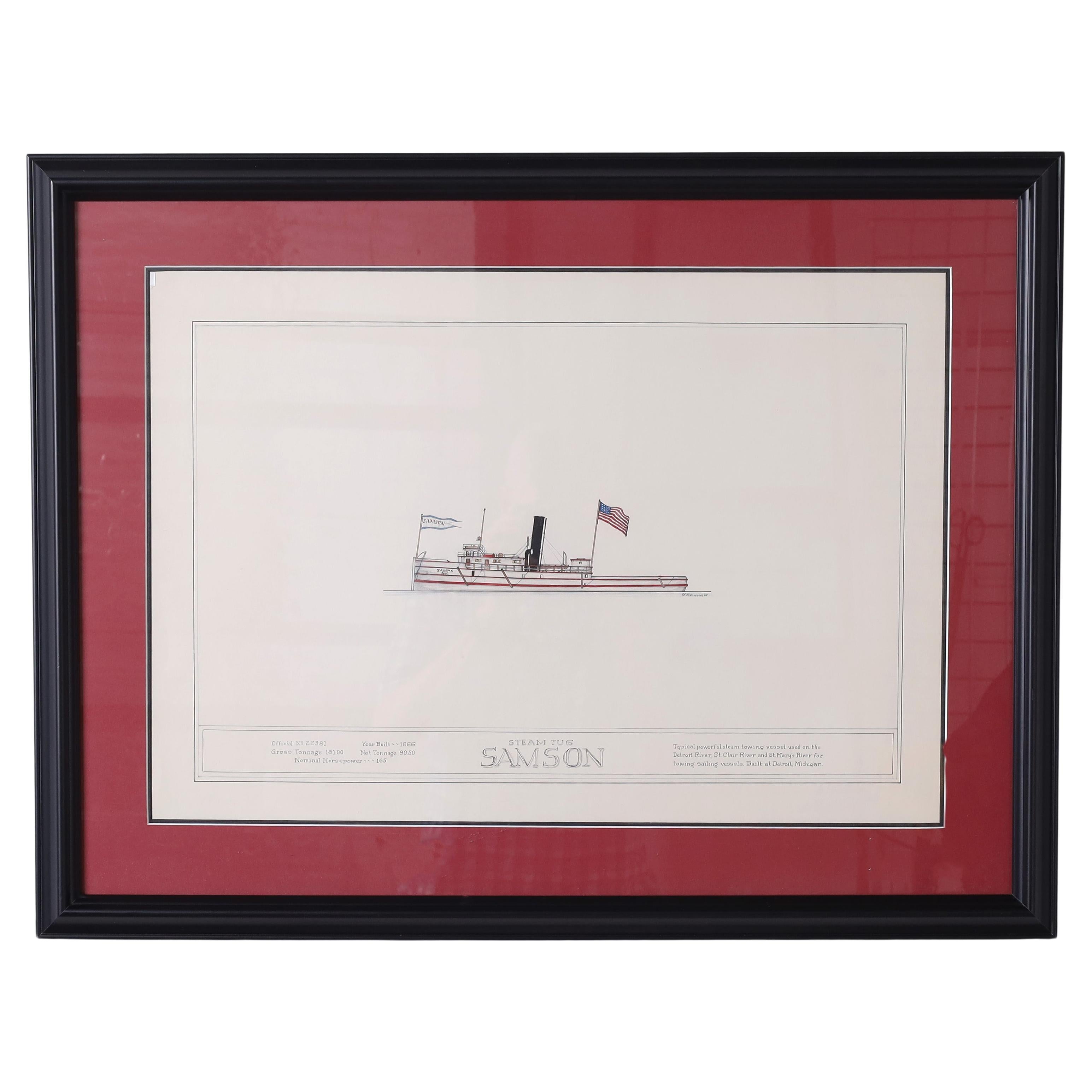 Marine Painting on Paper of a Great Lakes Steamship For Sale