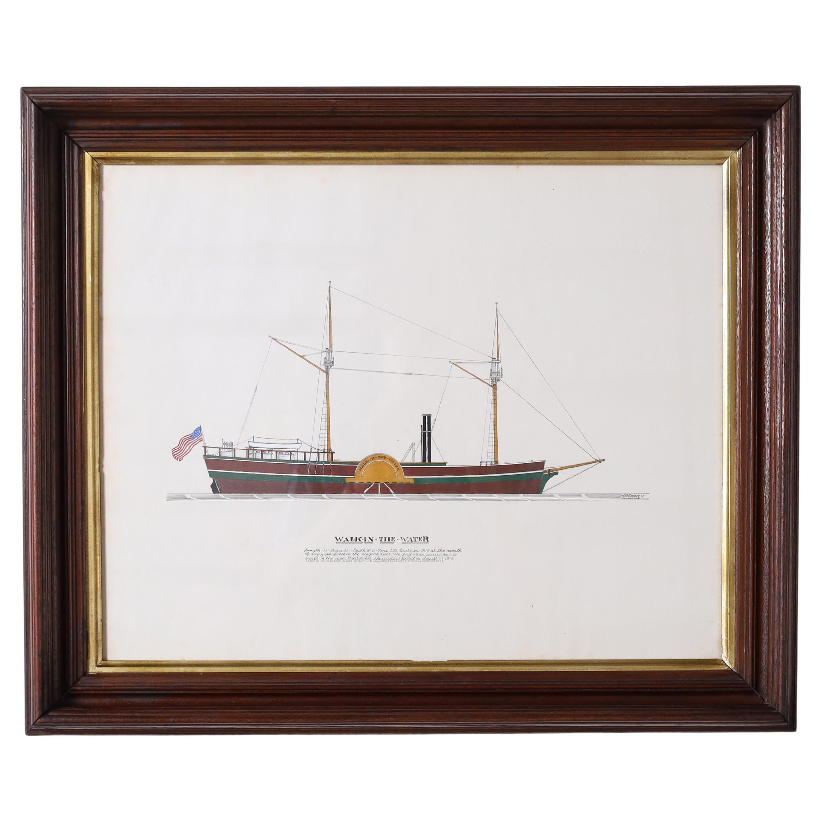 Marinemalerei auf Papier eines Dampfschiffs auf den Großen Seen