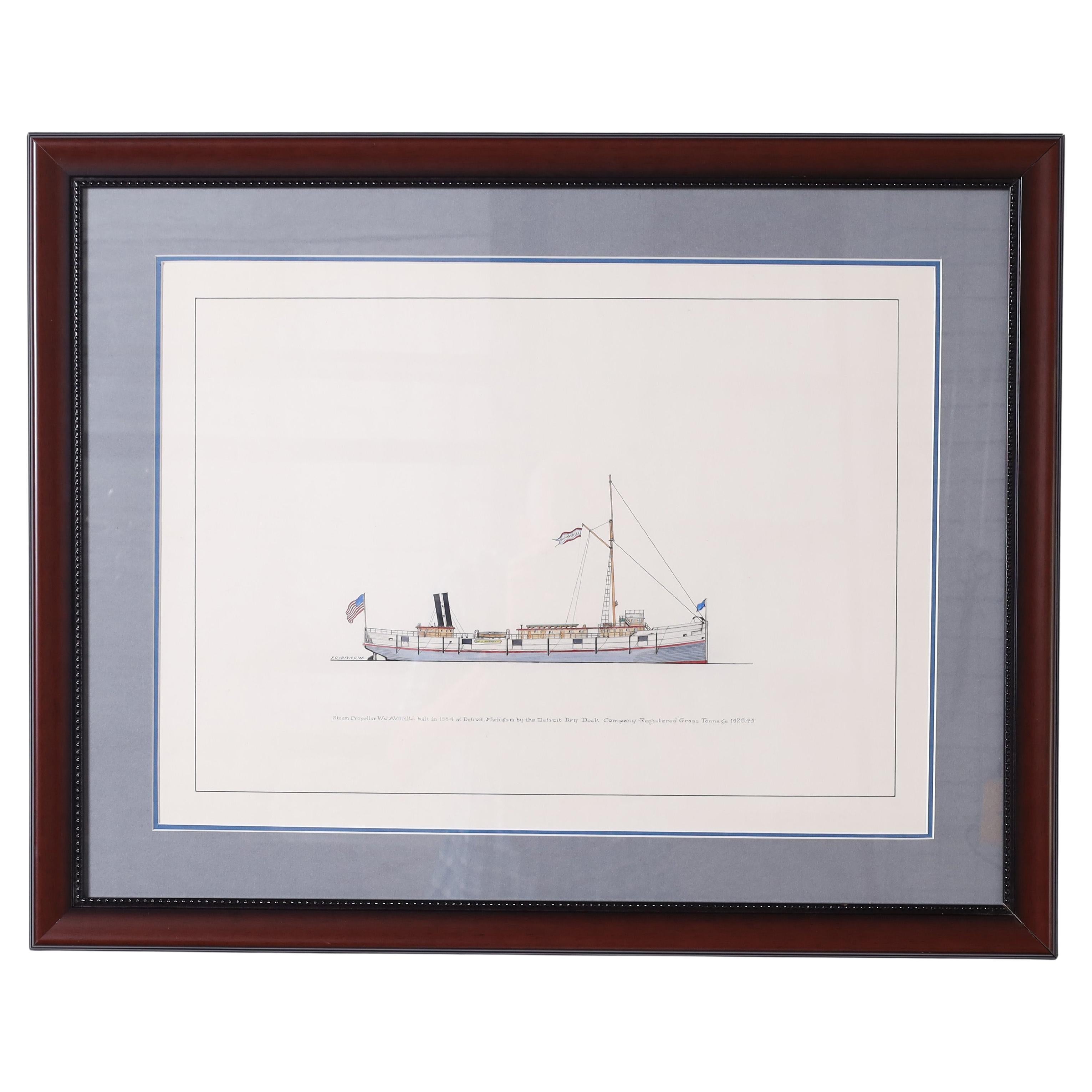 Peinture marine sur papier d'un bateau à vapeur Great Lakes