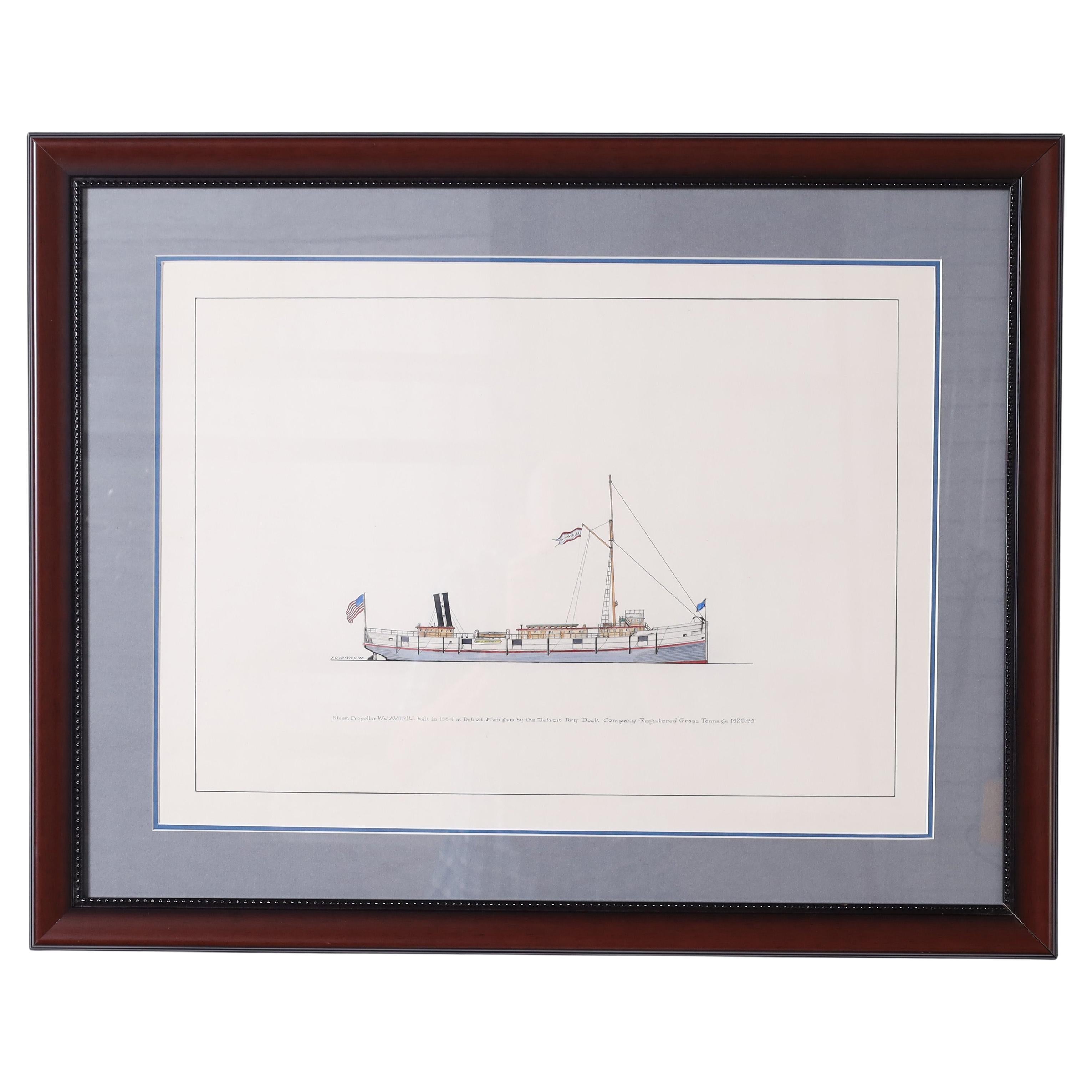 Marine Painting on Paper of a Great Lakes Steamship For Sale