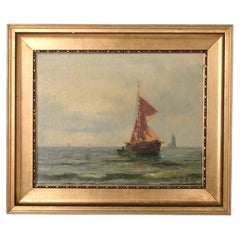Marine Painting with Sailing Ship in Gilt Frame from the 1890s