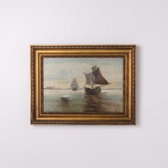 Marine Painting With Three Sailing Ships Near Kronborg Castle in Gilt Frame 1890