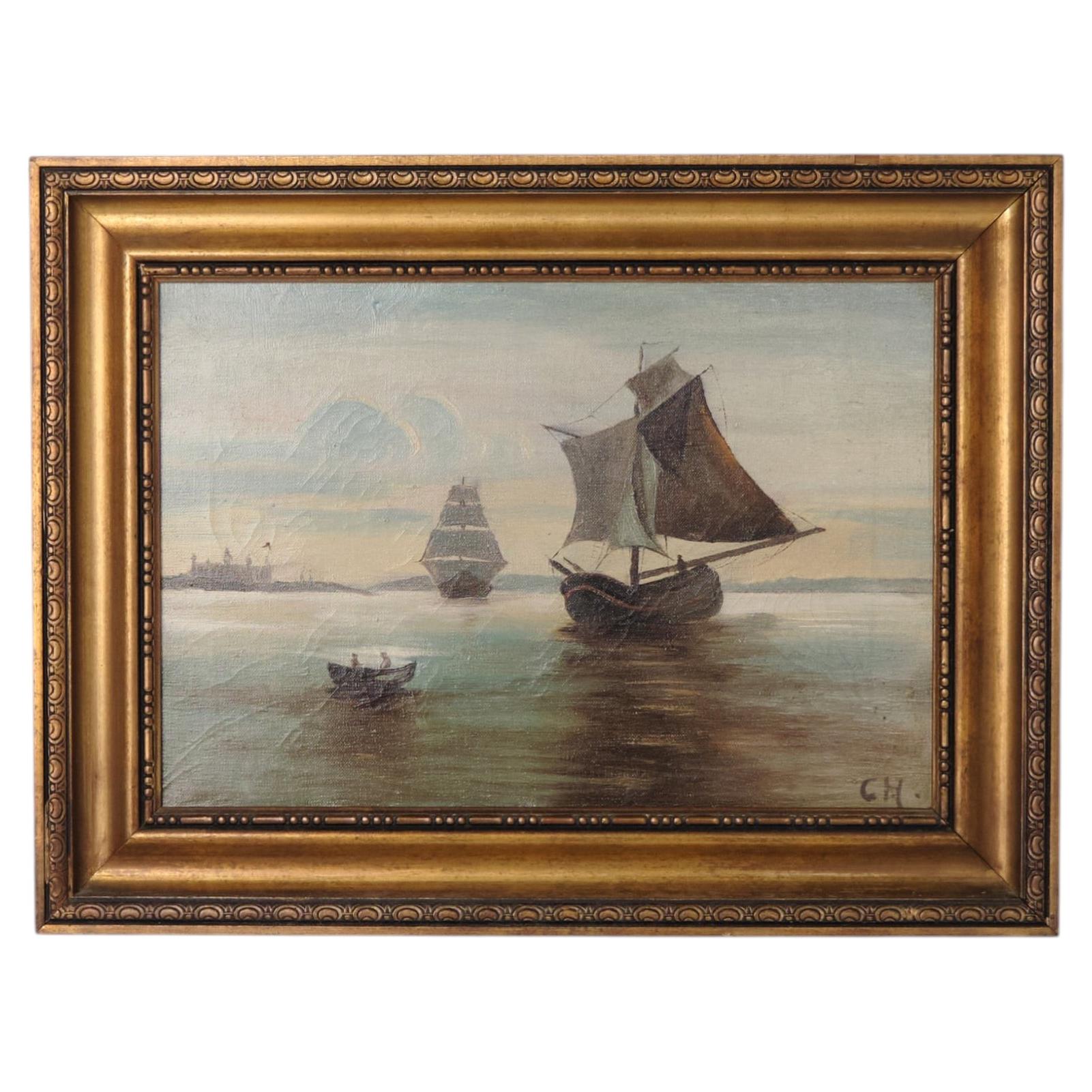 Marine Painting With Three Sailing Ships Near Kronborg Castle in Gilt Frame 1890 For Sale