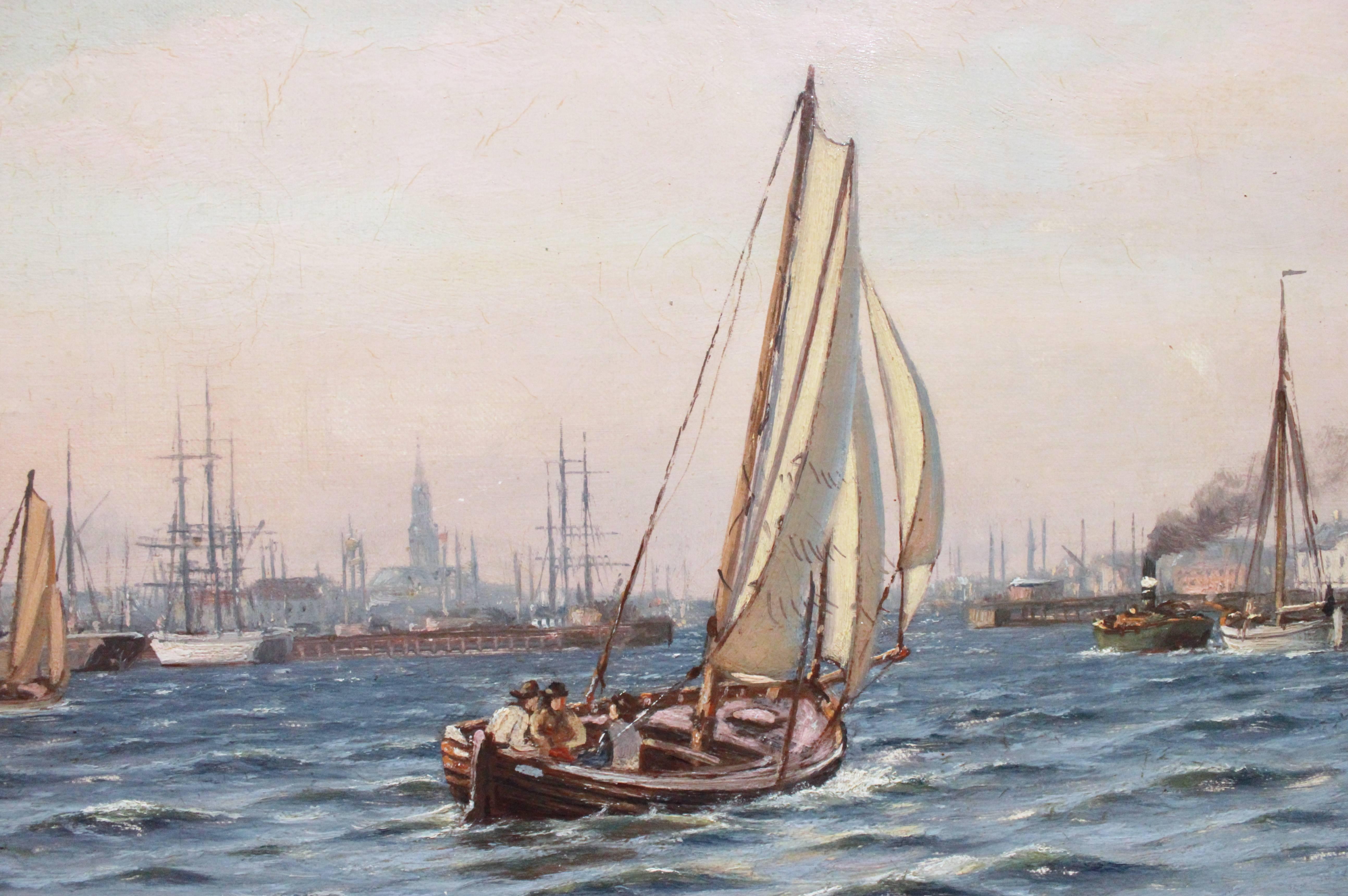 Marine painting with Copenhagen's towers in the background and with gilded frame by Johan Neumann.