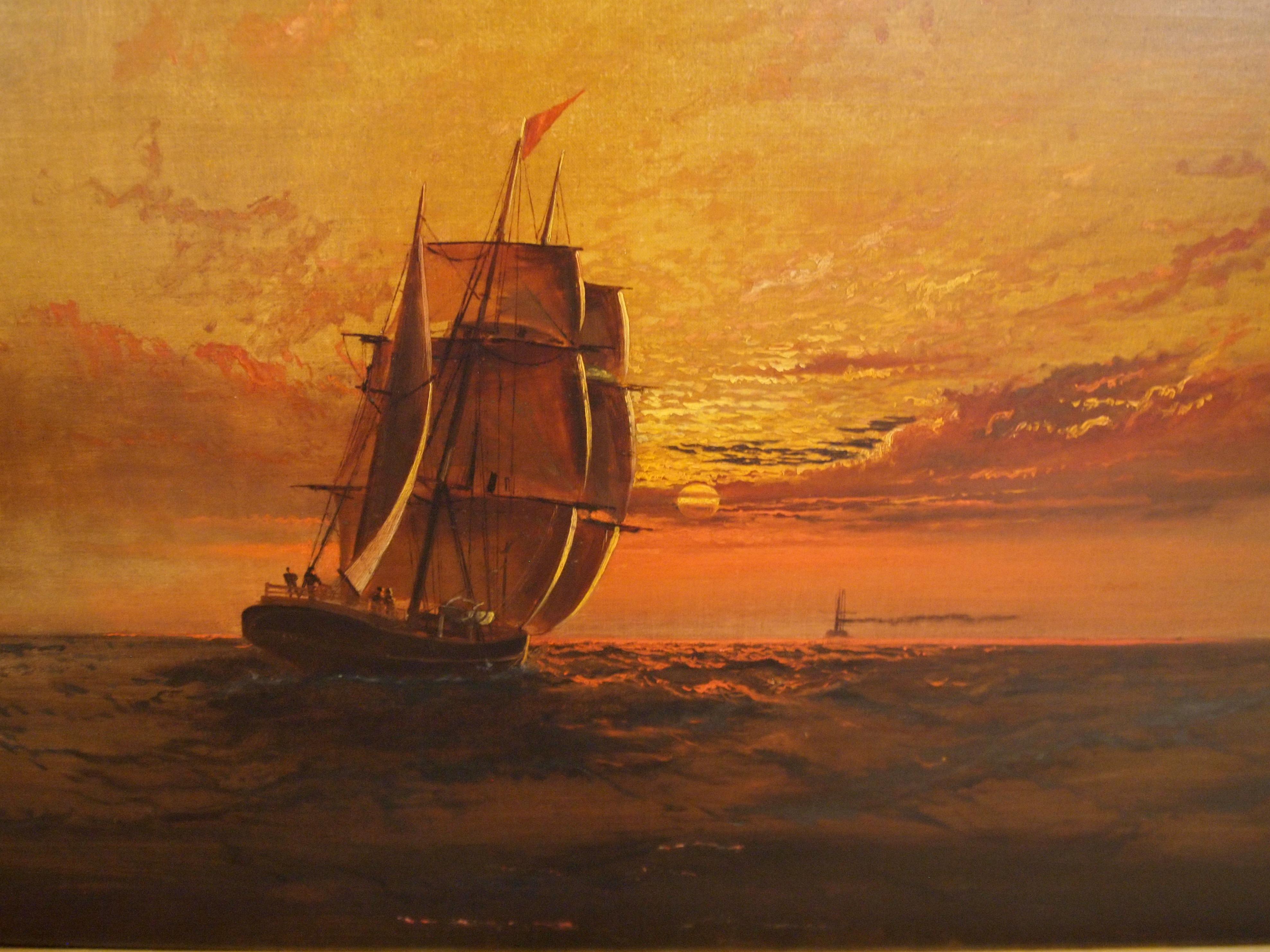 A large an impressive painting of a 'Marine Scene at Sunset' by James Everett Stuart
(American, 1852-1941), signed l/l Stuart.
Oil on canvas,
circa 1890-1910
Measures: Canvas: 30 T x 50 3/4 W inches. Framed: 40 T x 60 W x 4.5 D
This painting is