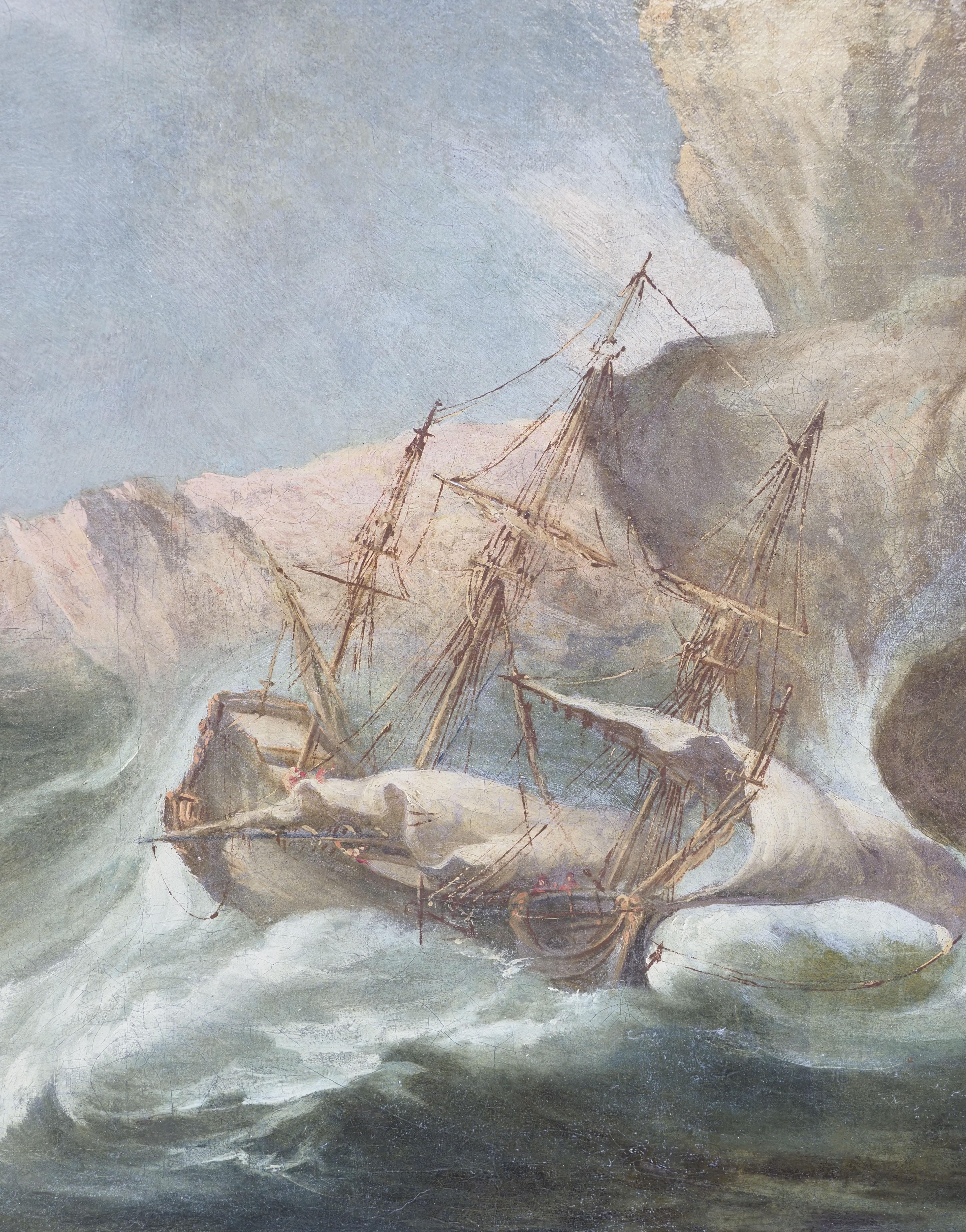 Marine scene painting by Flemish artist early XIX century
Created by a Flemish artist in the early XIX century, this sizeable oil-on-canvas artwork portrays a scenic marine landscape.
Five merchant vessels are facing a rough stormy sea in