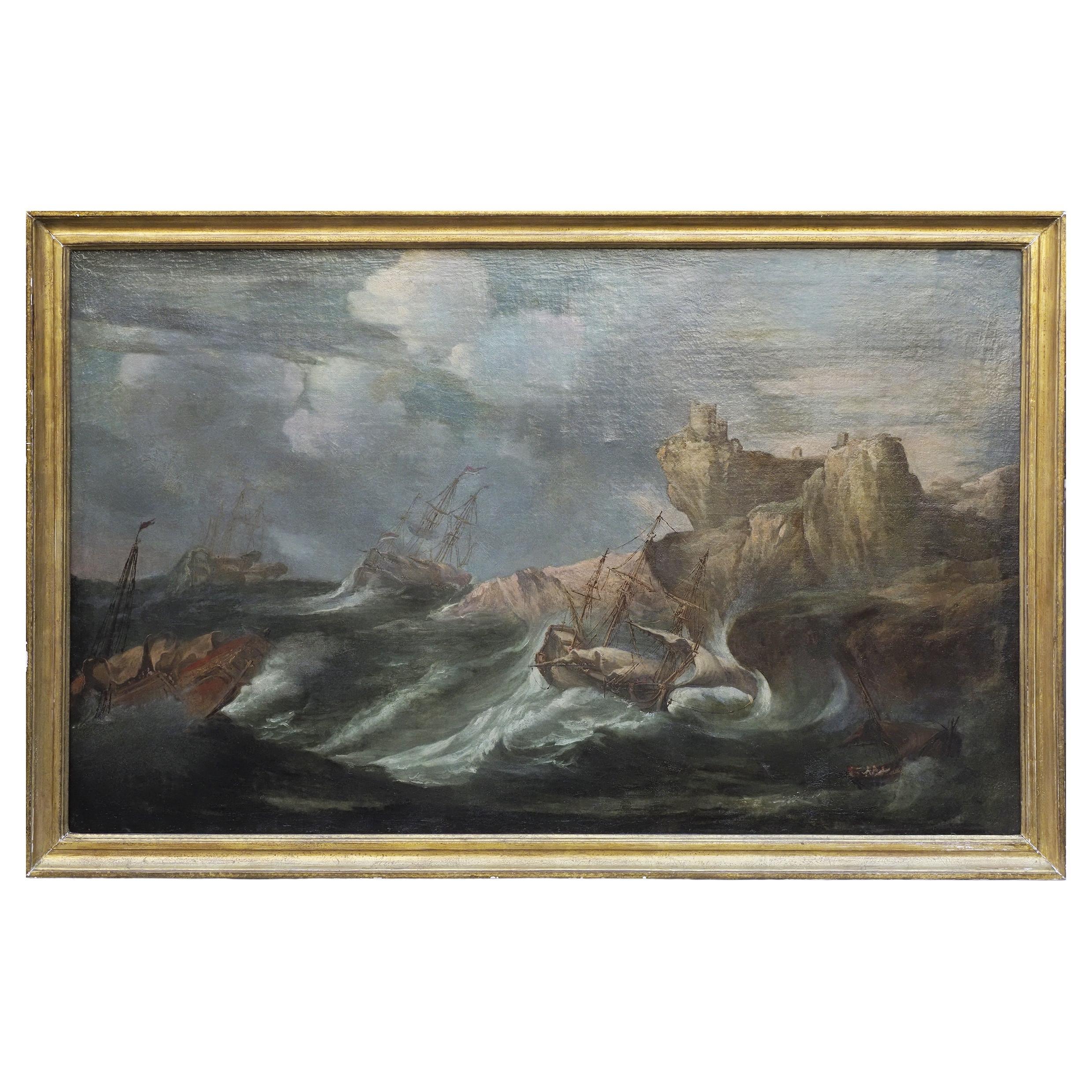 Marine Scene Painting by Flemish Artist Early xix Century For Sale