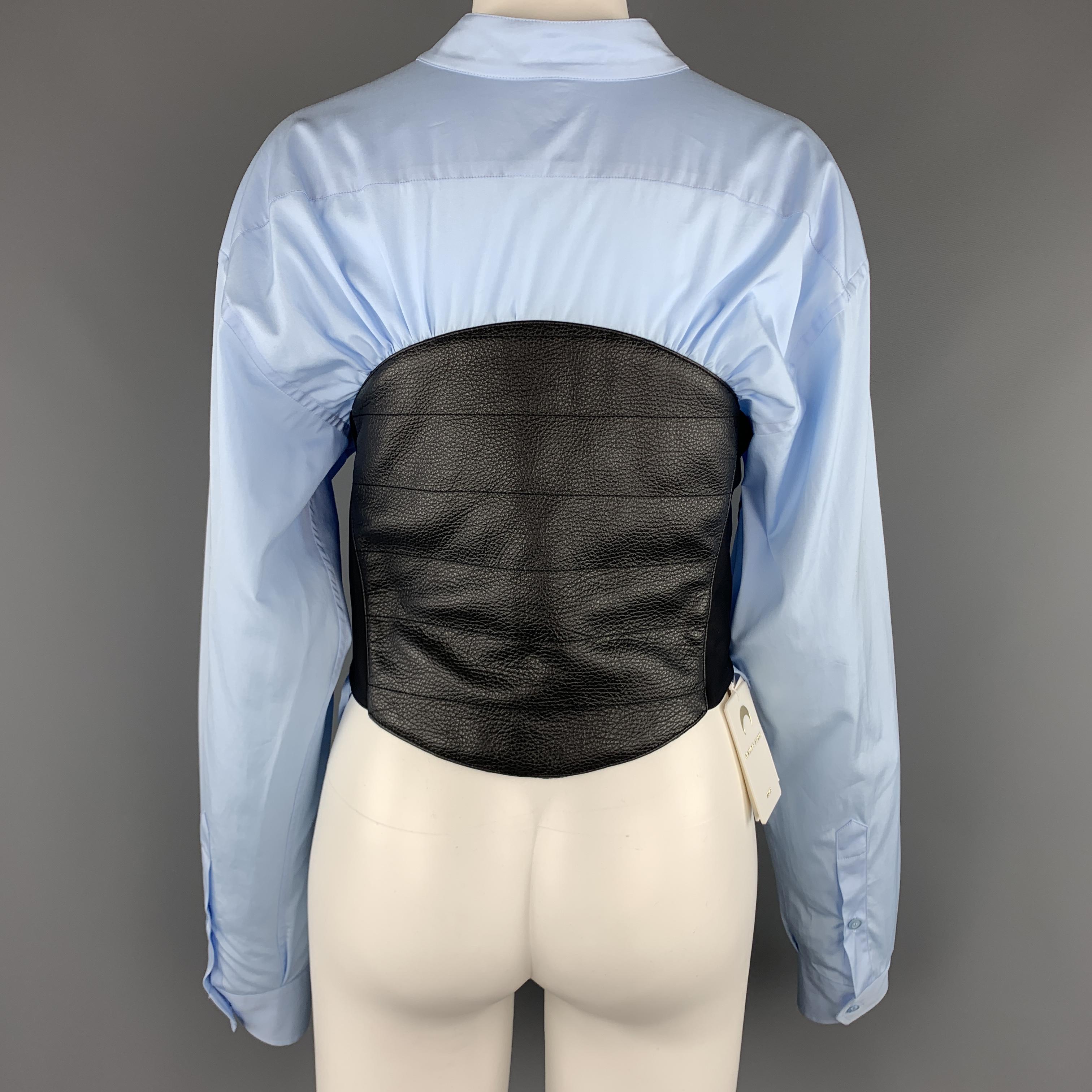 MARINE SERRE Light Blue Cotton Black Leather Bustier Belt Blouse In Excellent Condition In San Francisco, CA