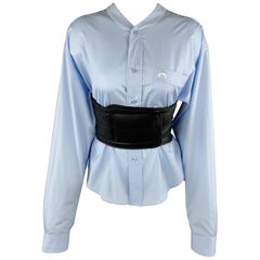 MARINE SERRE Light Blue Cotton Black Leather Bustier Belt Blouse