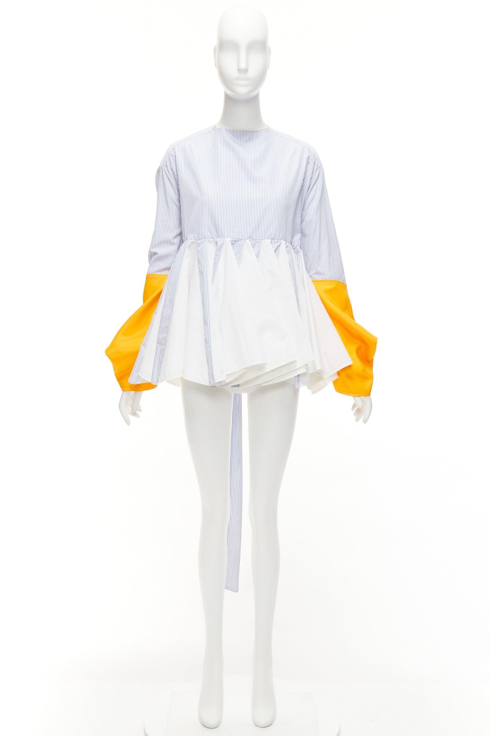 MARINE SERRE yellow blue white pinstriped puff sleeve peplum top M For Sale 5