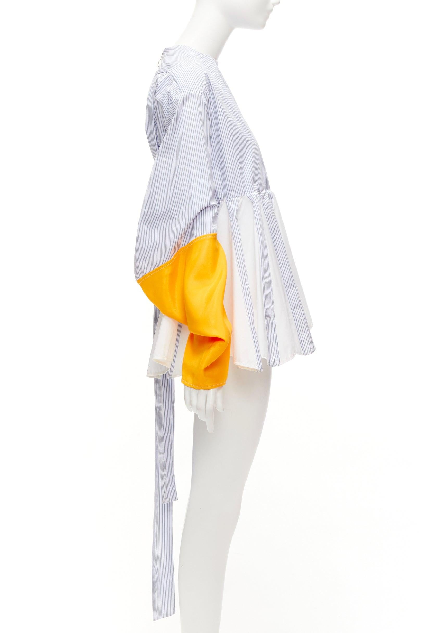 MARINE SERRE yellow blue white pinstriped puff sleeve peplum top M In Fair Condition For Sale In Hong Kong, NT