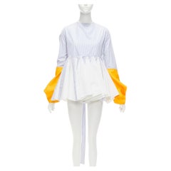 MARINE SERRE yellow blue white pinstriped puff sleeve peplum top M