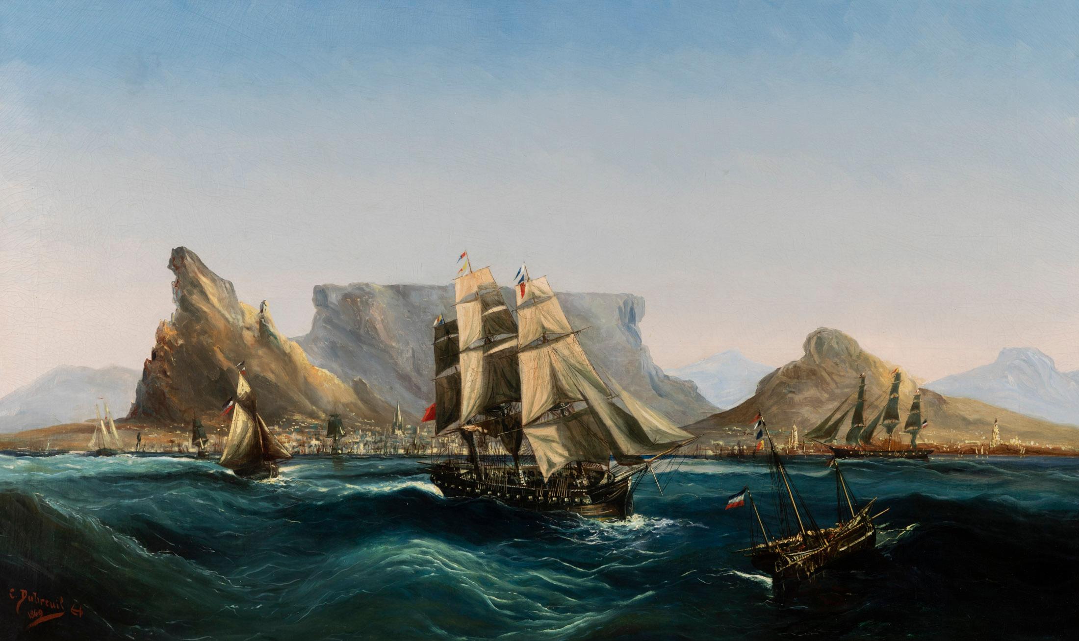 Oil on canvas representing a marine painting of Table Bay, Cape Town in South Africa.
It is signed and dated in the lower left corner. 