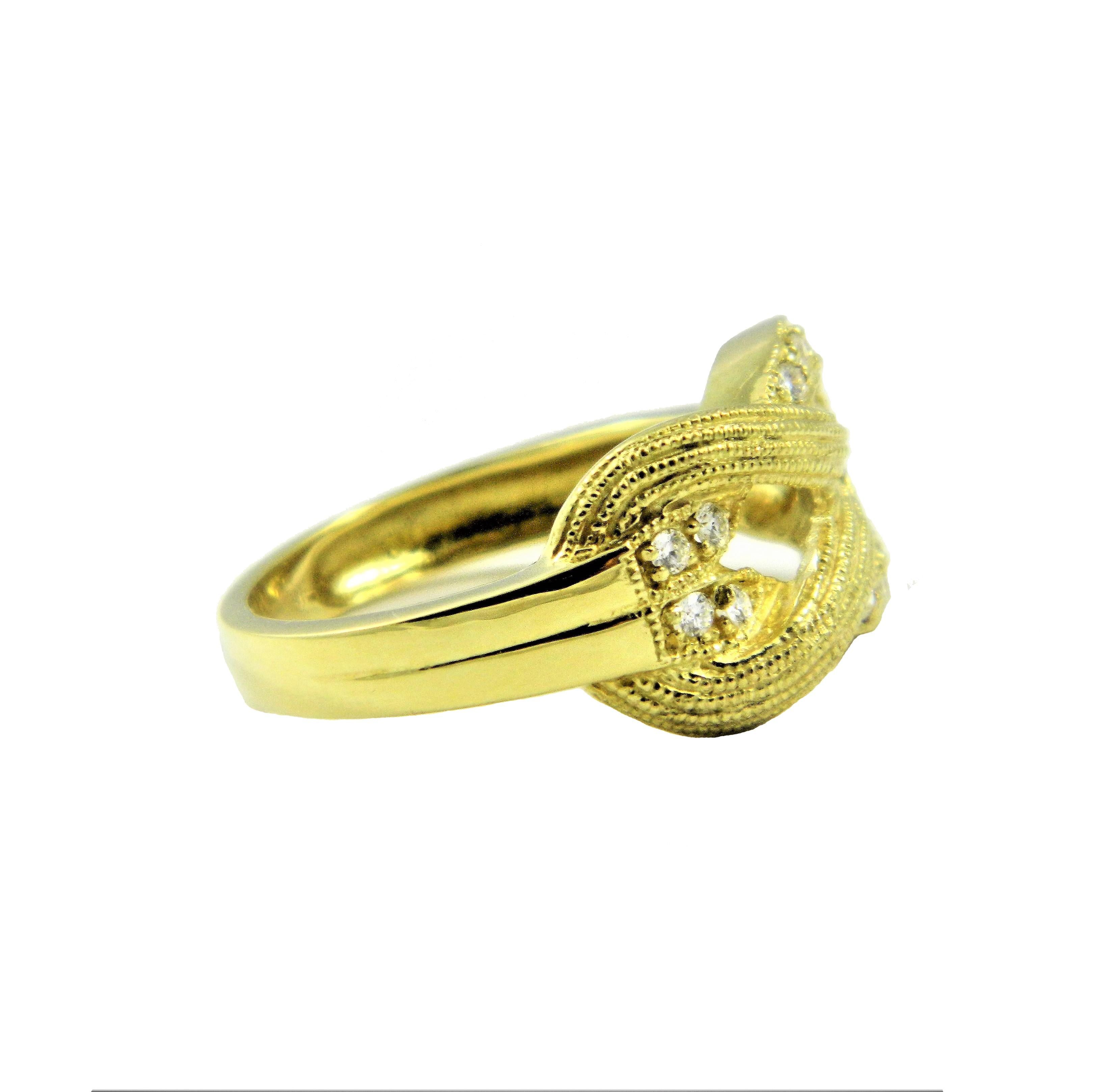 Neoclassical Mariner's Knot Cocktail  Ring in 18K Green Gold and Diamonds with Milgrain Edges For Sale