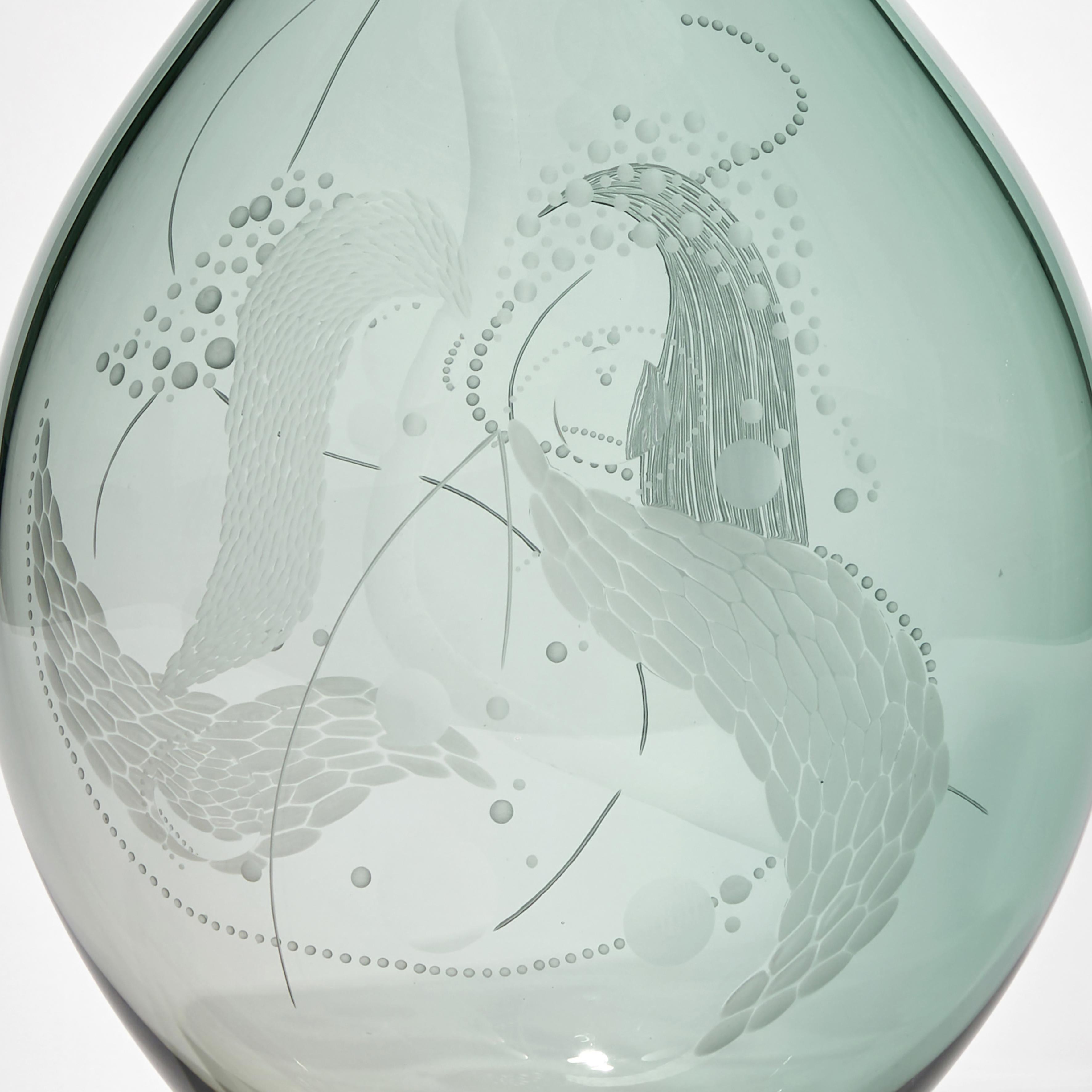 Organic Modern Mariniere Vase II, Unique Celadon Engraved Glass Vessel by Heather Gillespie
