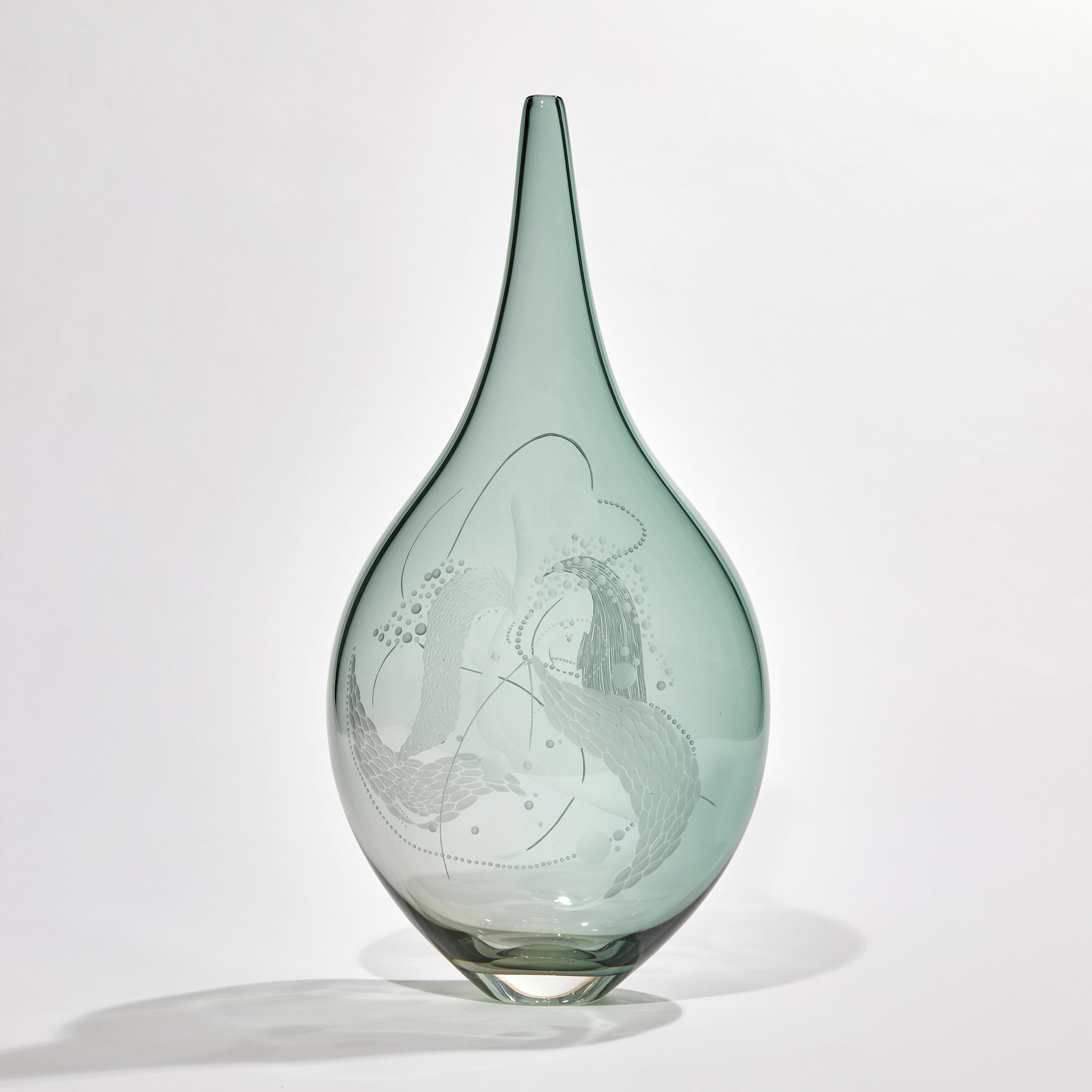 British Mariniere Vase II, Unique Celadon Engraved Glass Vessel by Heather Gillespie