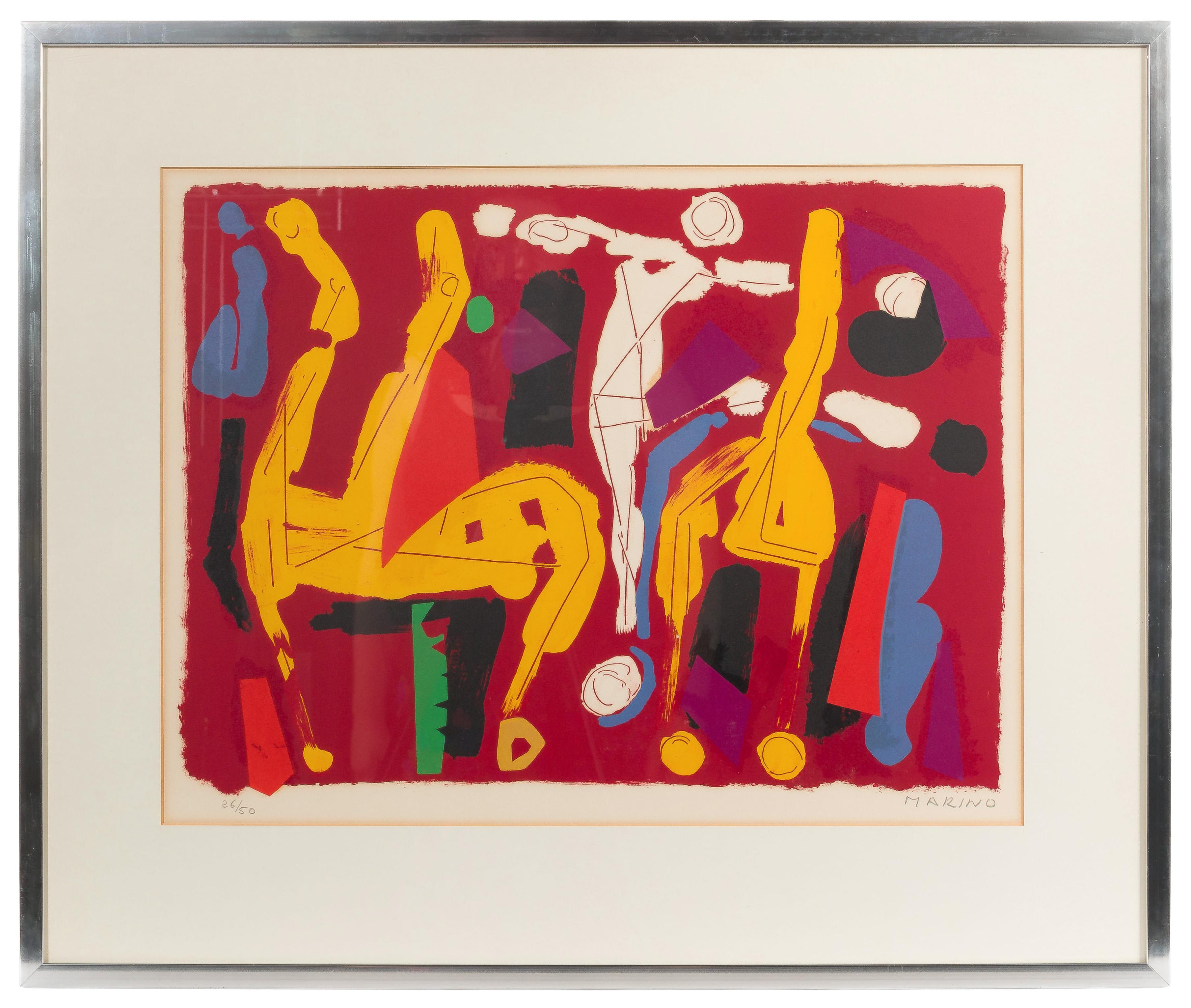 Marino Marini (italien, 1901-1980), « Cheveaux et Cavaliers V » 

Non datée, signée au crayon en bas à droite, numérotée au crayon 26/40 en bas à gauche, représentant une image abstraite, passe-partout derrière le verre dans un cadre doublé de