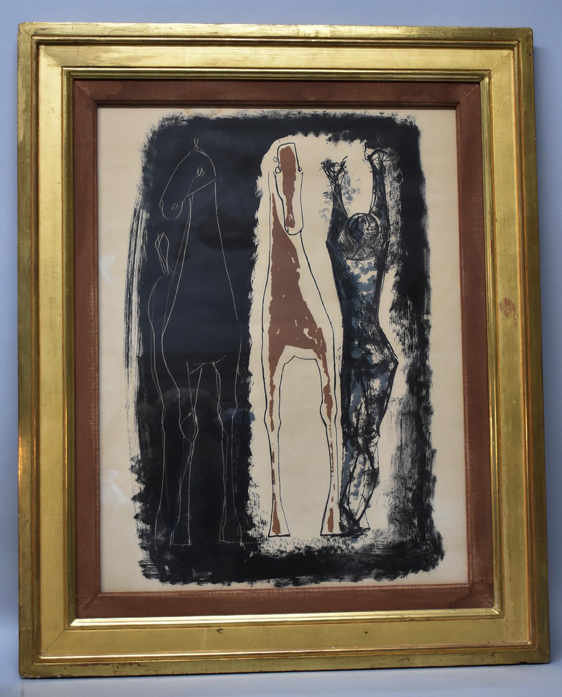 Horse and man lithograph by famed Italian artist Marino Marini born 1901 in Pistoia, Italy, died 1980 in Tuscany. His art is represented at the Tate and the Peggy Guggenheim in Venice. 1950's open edition. Overall size 25 3/4