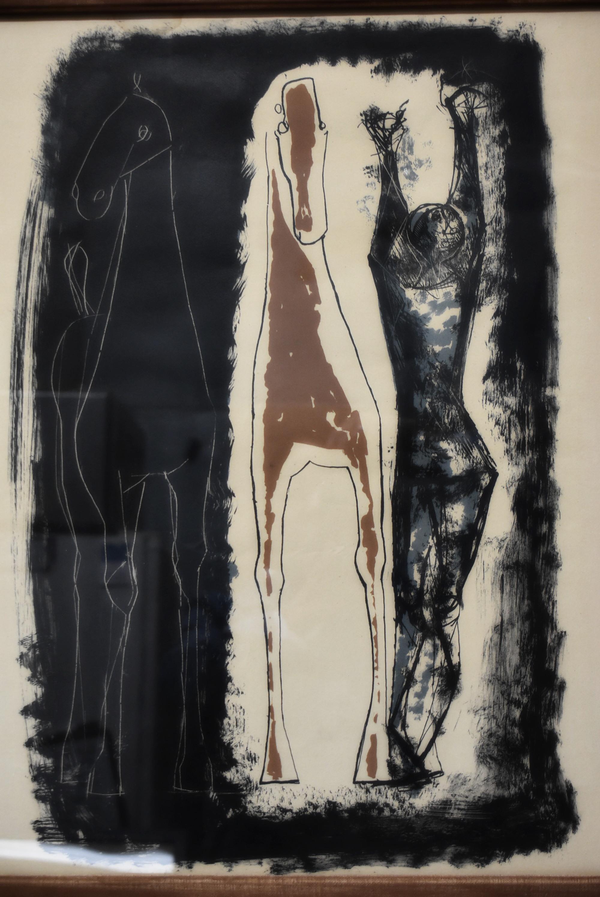 Marino Marini Jongleur et Deux Chevaux Bleu, Jaune at Noir 1953 Lithographie im Zustand „Gut“ im Angebot in Toledo, OH